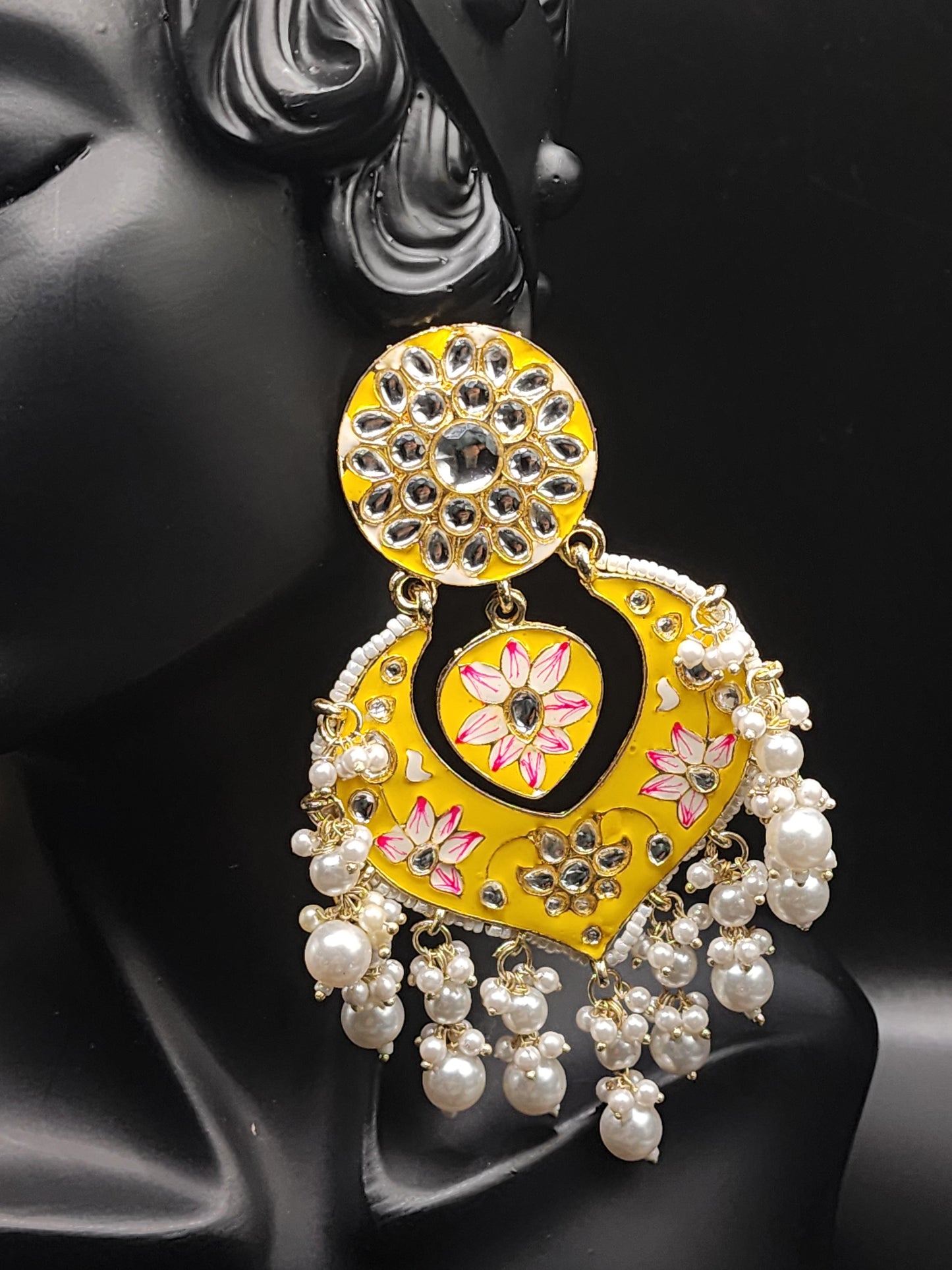 PSK ELEGANCE Yellow Meenakari Heart Chandbali Earrings | Floral Kundan Pearl Drop Statement Jewelry