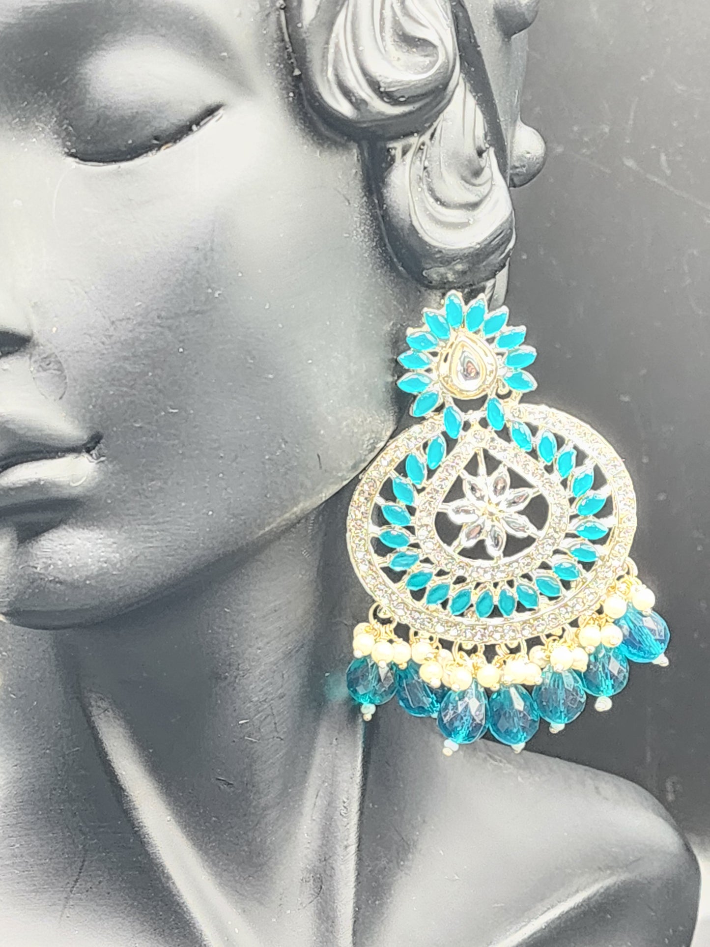 Teal Kundan Chandbali Earrings with Pearl & Bead Drops