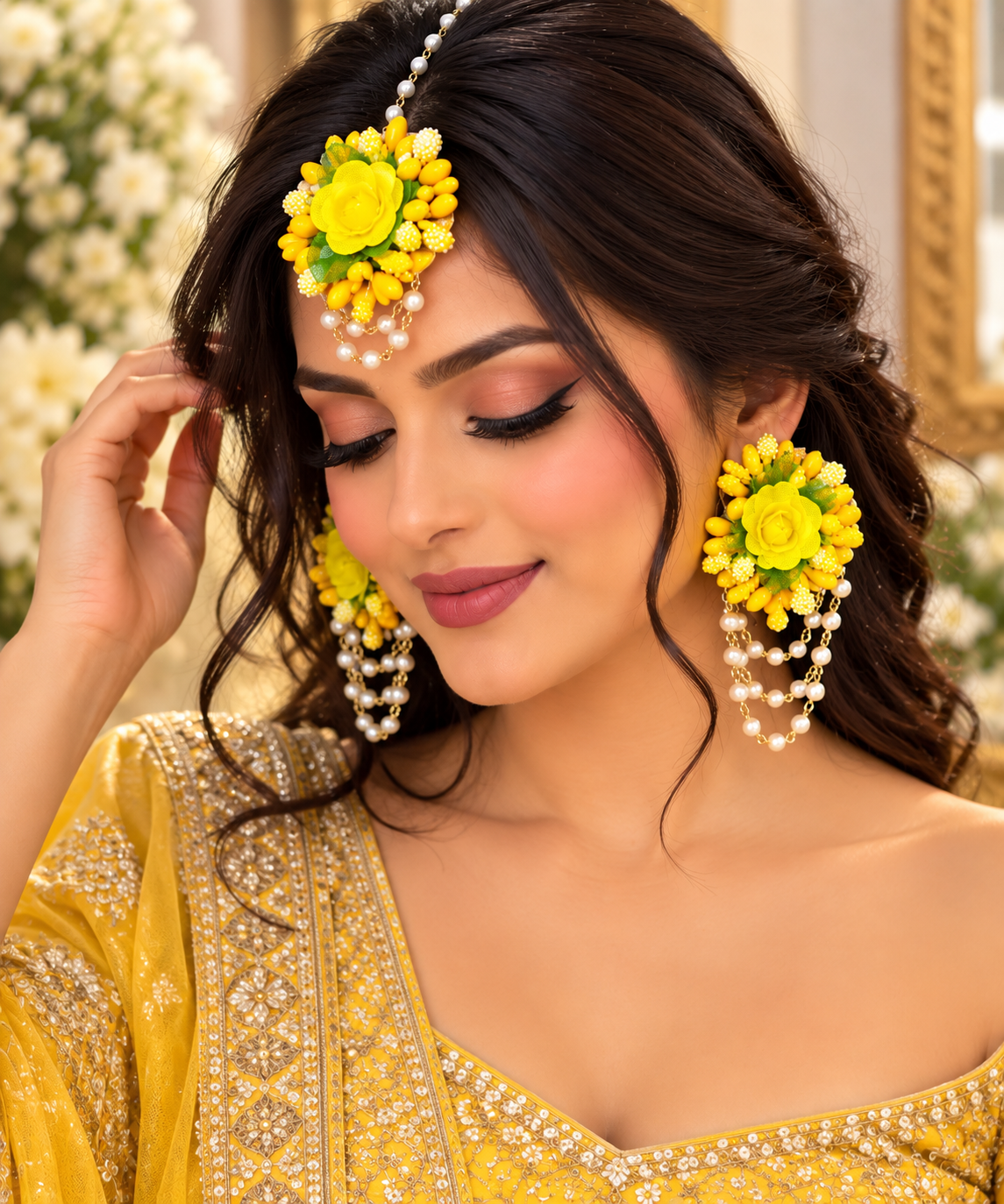 Yellow Floral Pearl Earrings & Maang Tikka Set | Indian Festive Jewelry