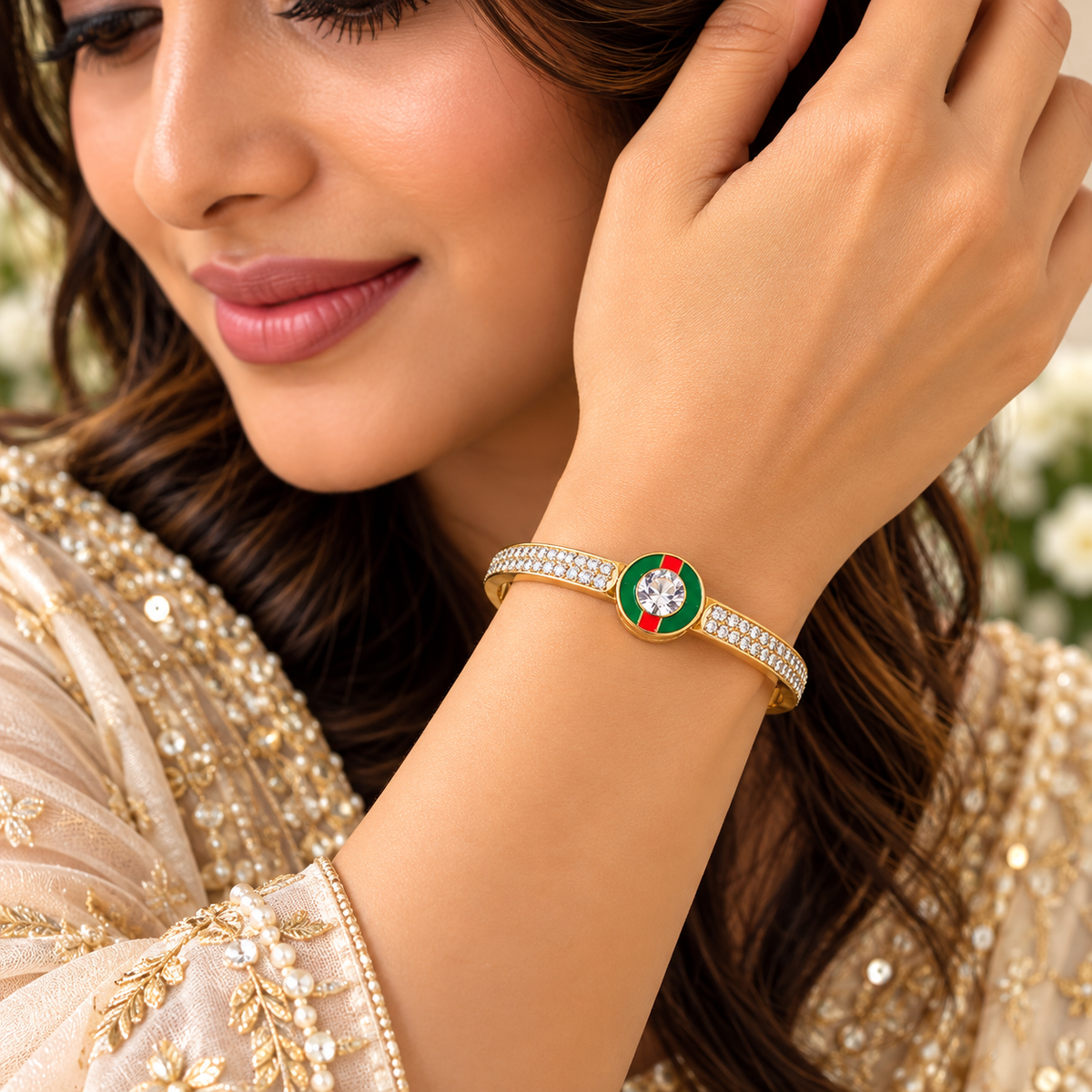 Gold-Tone Green & Red Enamel Crystal Cuff Bracelet