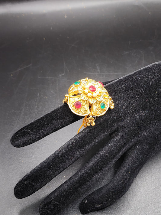 PSK ELEGANCE Antique Gold Floral Statement Ring | Multicolor Stone Traditional Adjustable Ring for Women