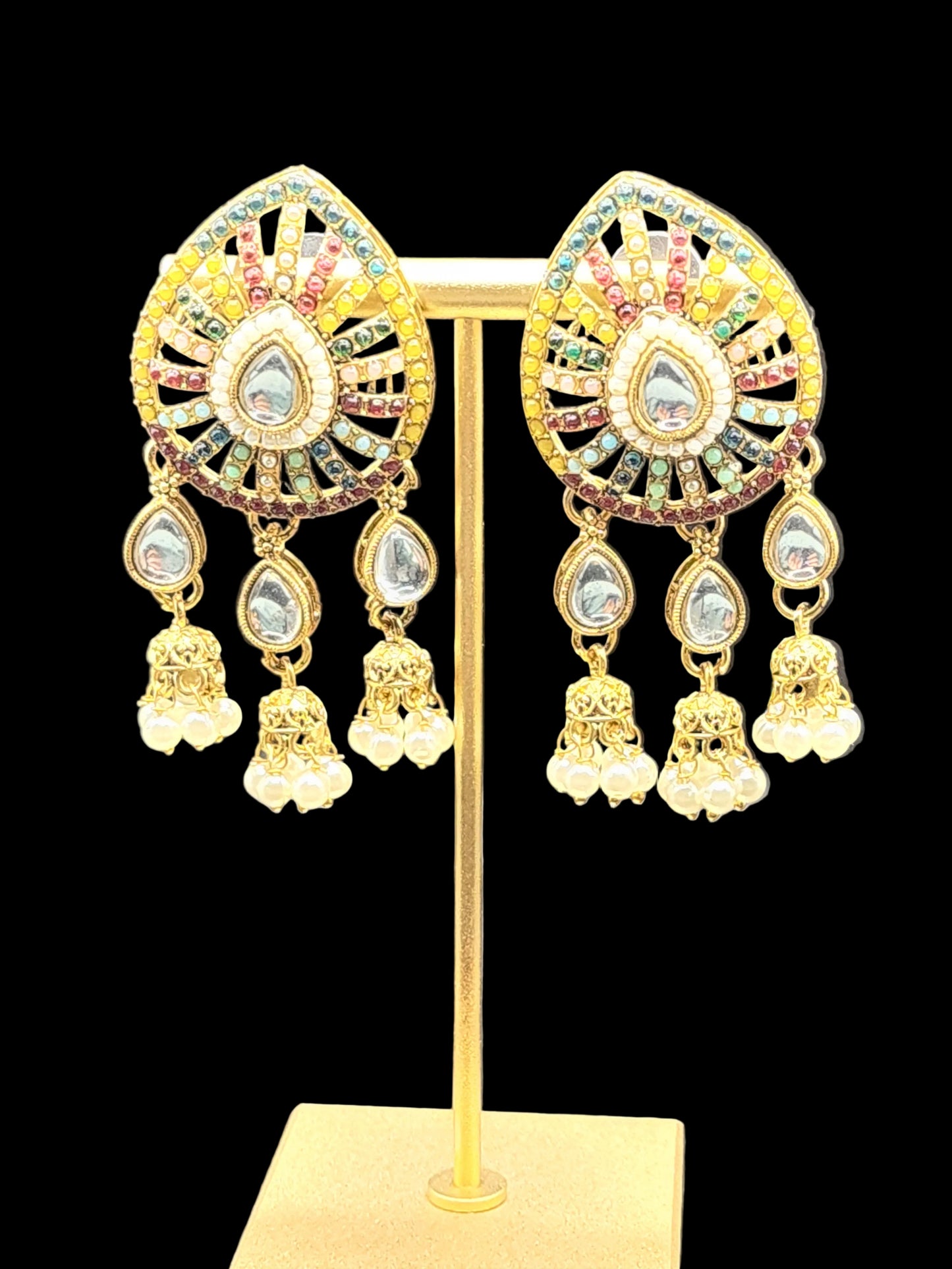 Multicolor Kundan Jhumka Drop Earrings with Pearl Danglers
