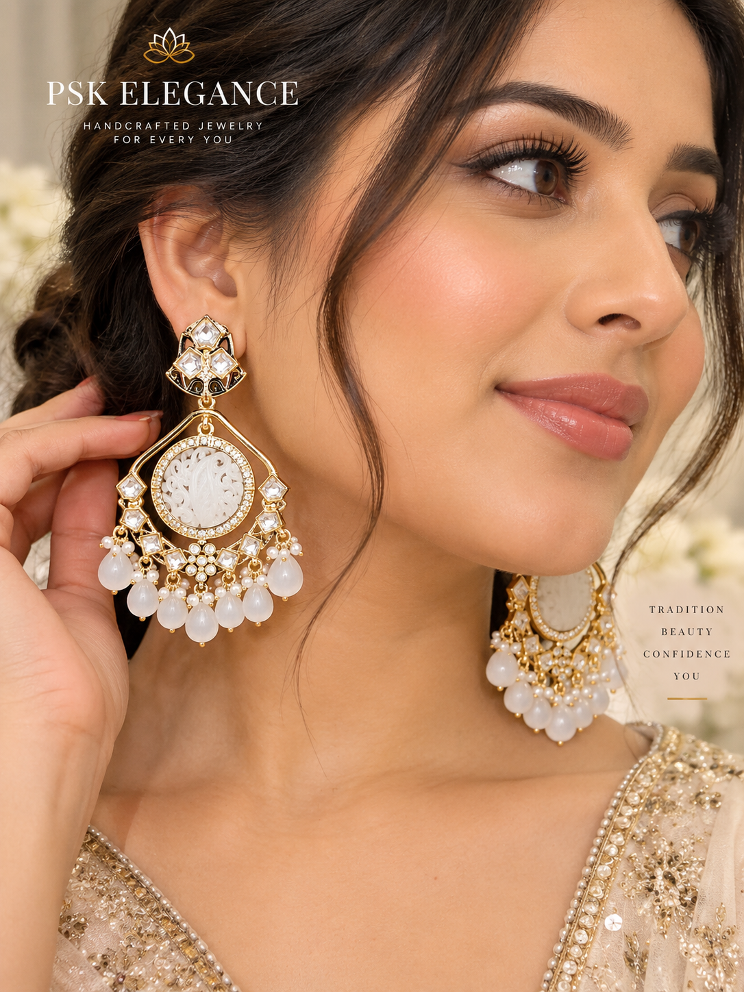 Gold-Tone White Stone Chandbali Statement Earrings with Pearl & Teardrop Dangles