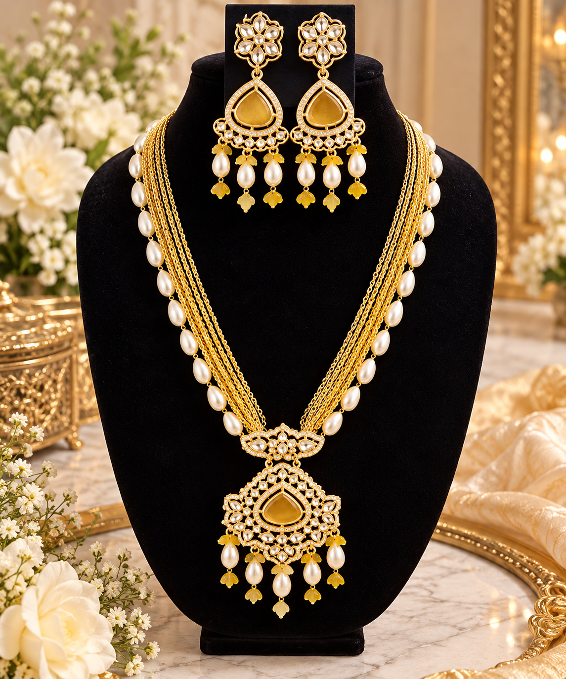 Premium yellow beadwork Pearl Long Necklace Set with Matching Statement Earrings | Indian Jewelry
