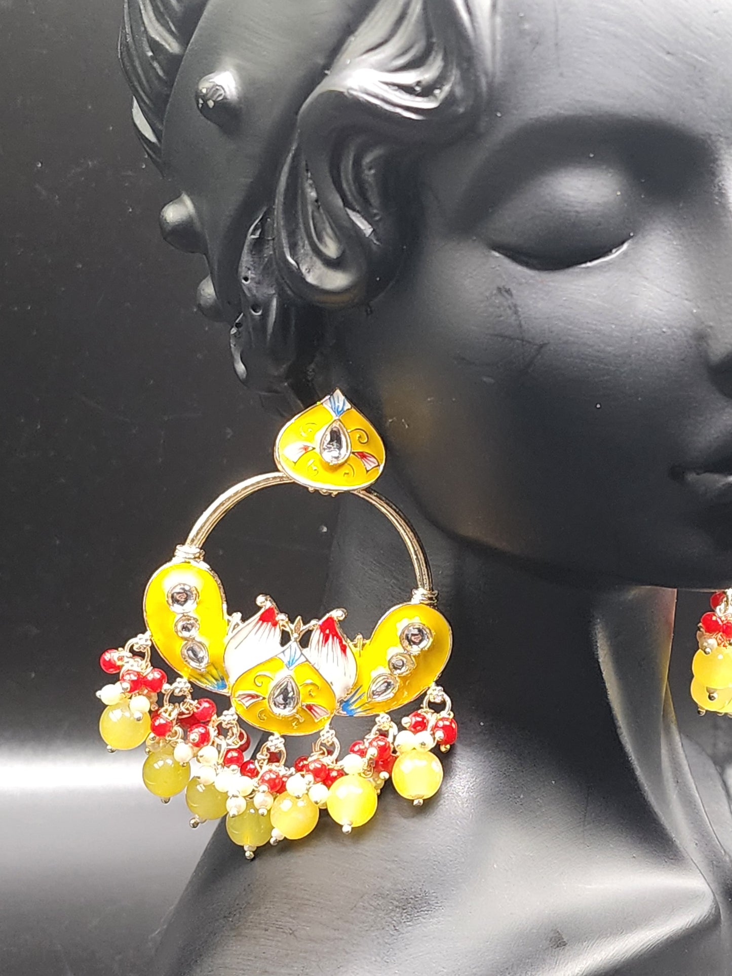 Sunshine Yellow Meenakari Statement Hoop Earrings with Beaded Drops – Festive Pop