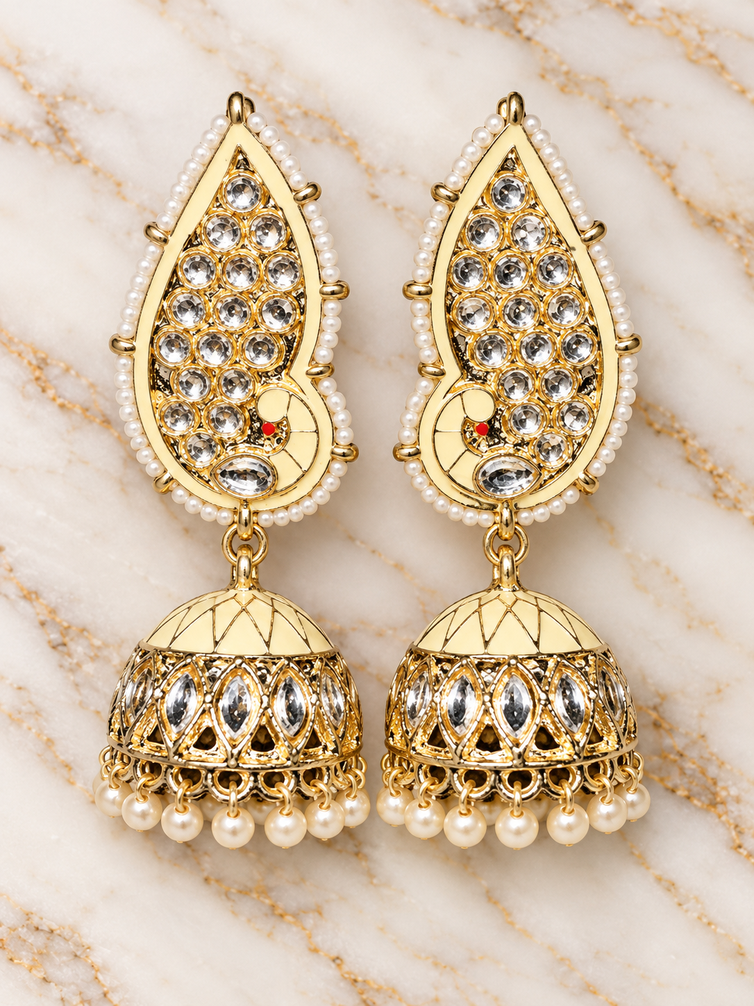 Cream & Gold Kundan Jhumka Earrings with Pearl Drops | PSK ELEGANCE