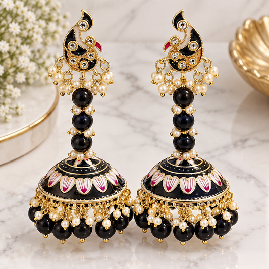 Black Meenakari Peacock Jhumka Earrings