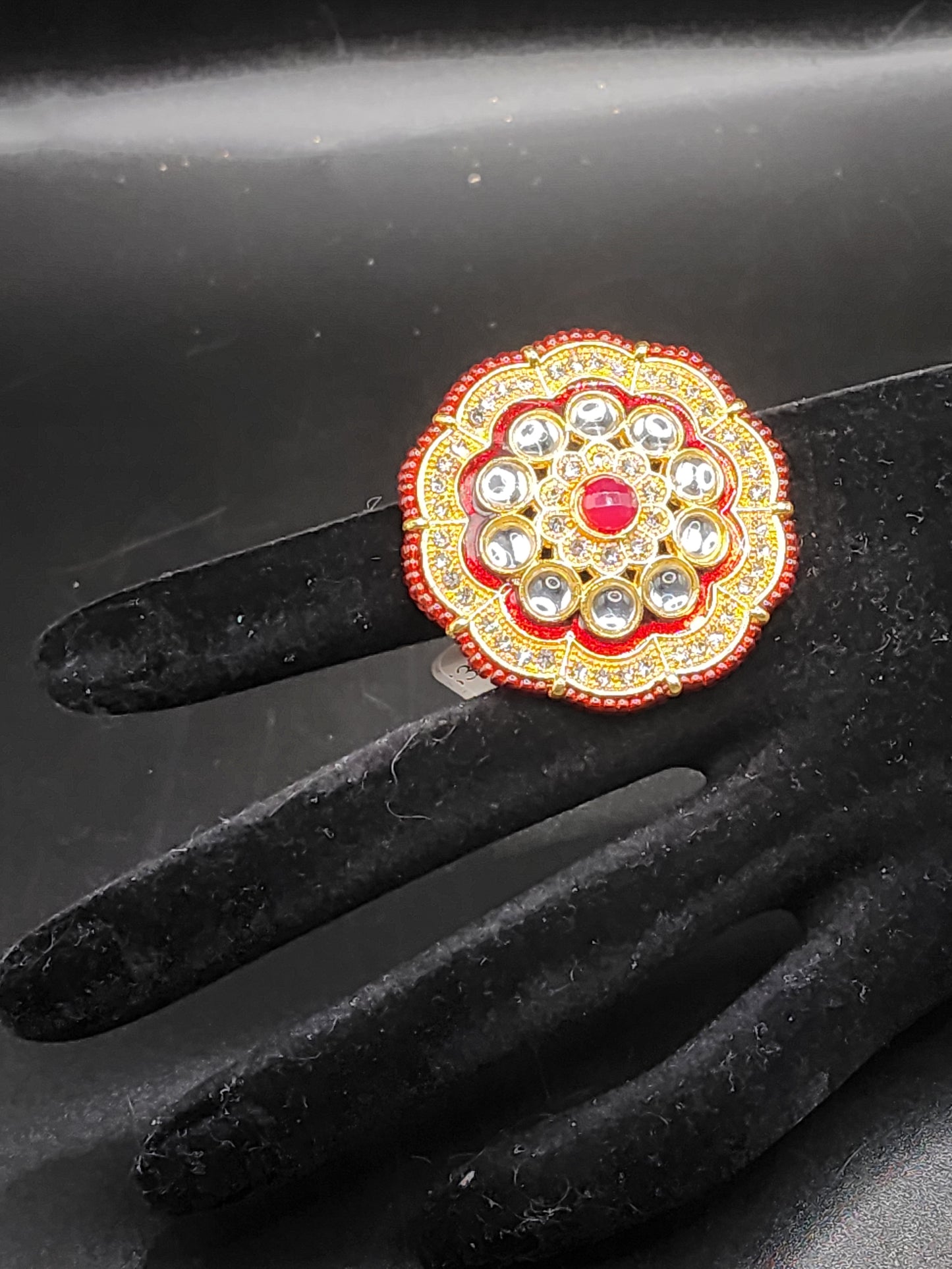 PSK ELEGANCE Red Kundan Mirror Statement Ring | Gold Enamel Adjustable Festive Cocktail Ring for Women