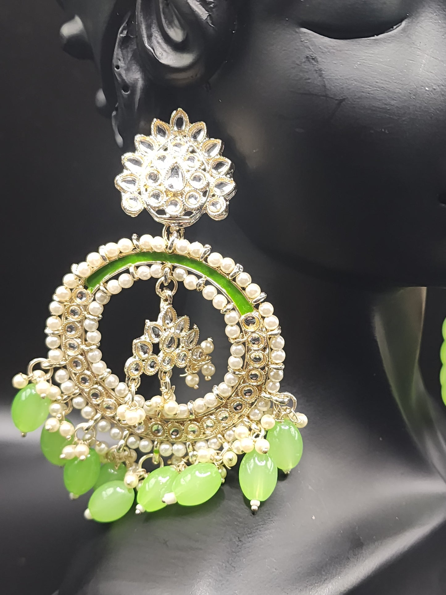 PSK ELEGANCE Neon Green Pearl Chandbali Earrings | Kundan Hoop Statement Indo-Western Jewelry