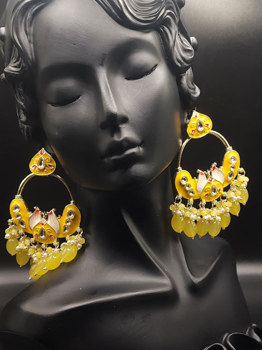 Sunshine Yellow Chandbali Earrings with Pearl Drops