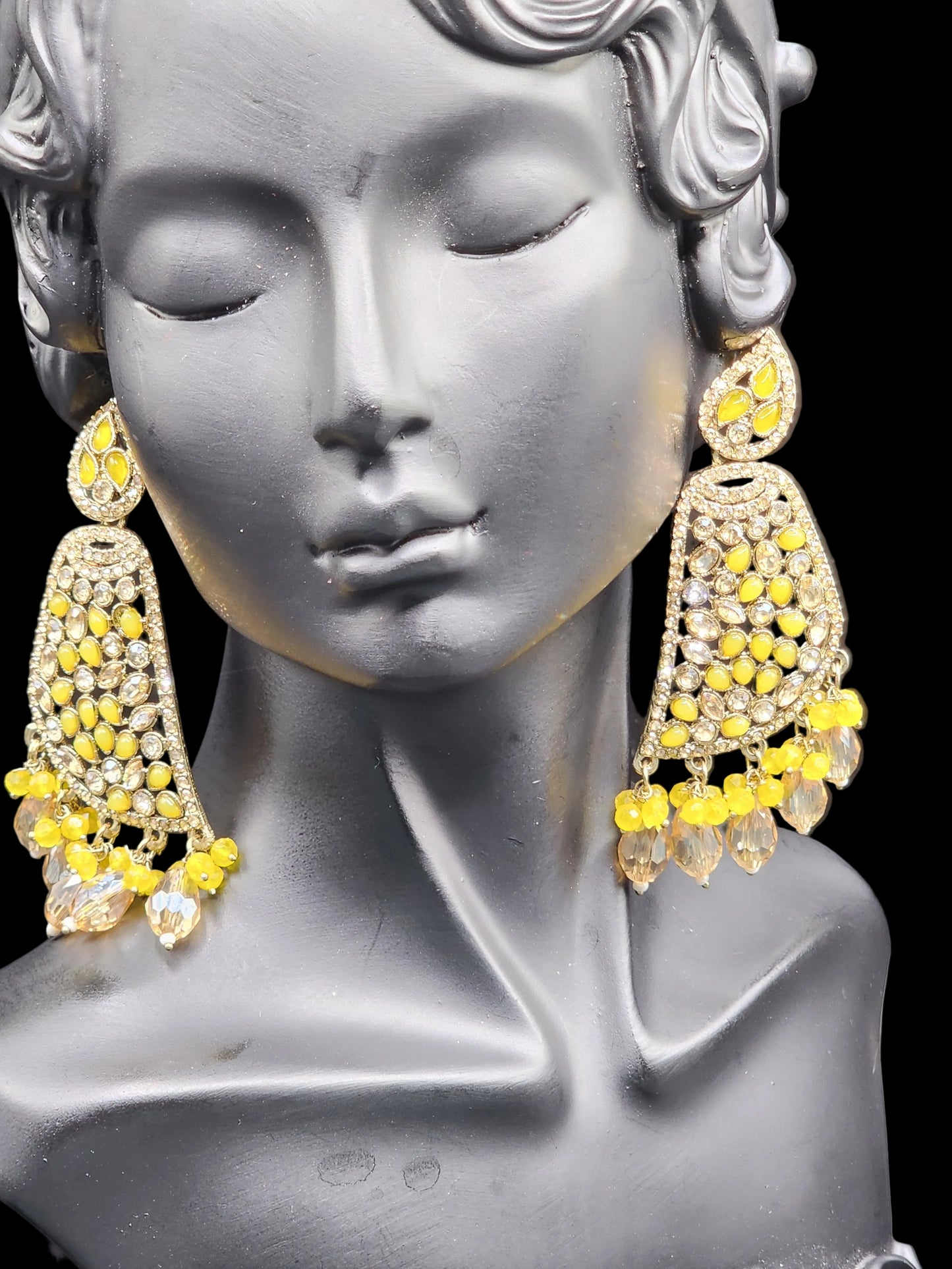 Yellow Kundan Statement Chandbali Earrings with Crystal Drops – Festive Luxe