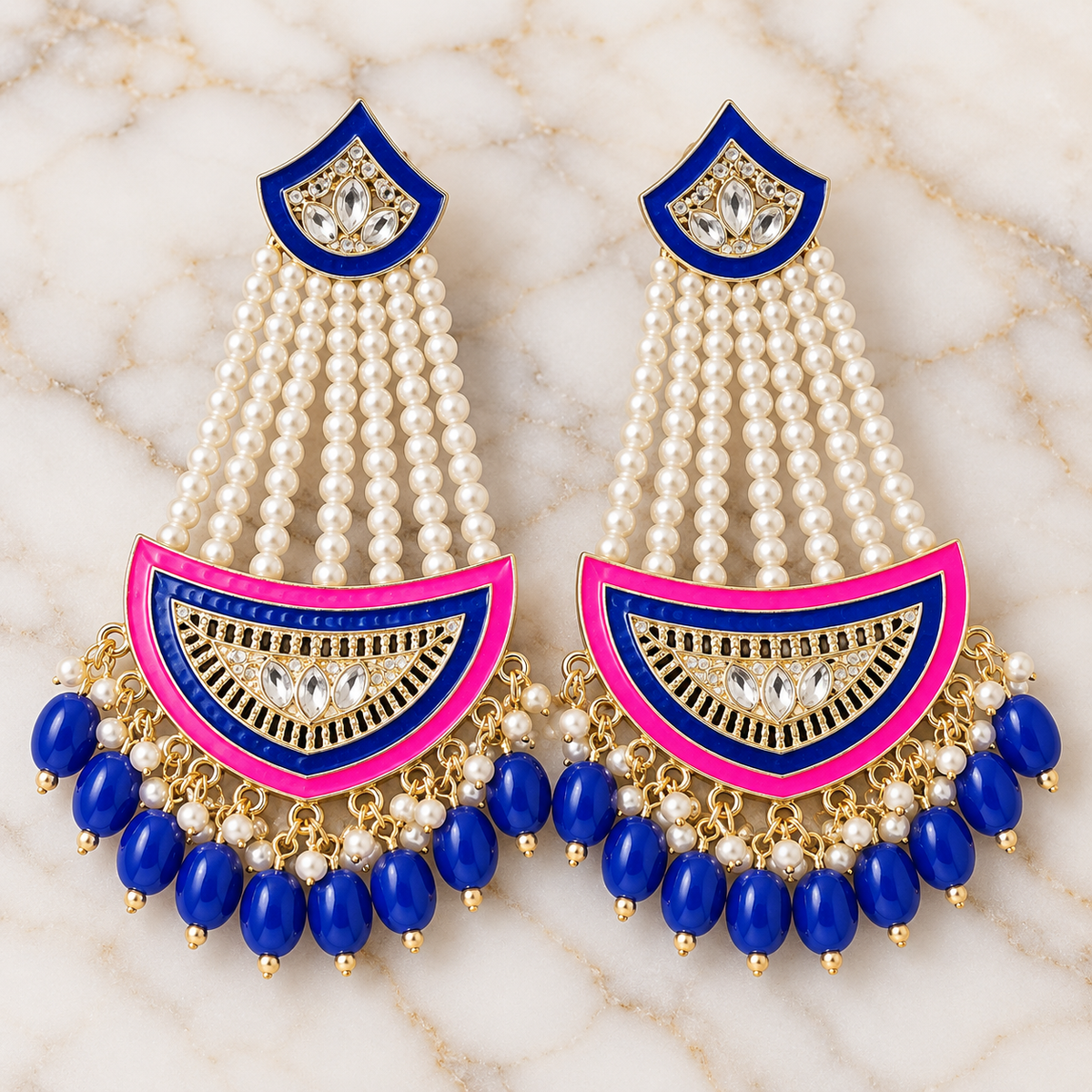 Royal Blue & Hot Pink Pearl Chandelier Earrings – Indian Statement Jhumkas