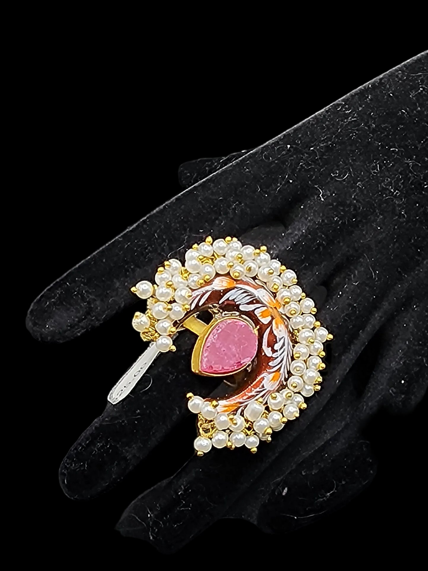 PSK ELEGANCE Pink Stone Statement Ring with Pearl Detailing | Handcrafted Enamel Gold-Tone Adjustable Cocktail Ring