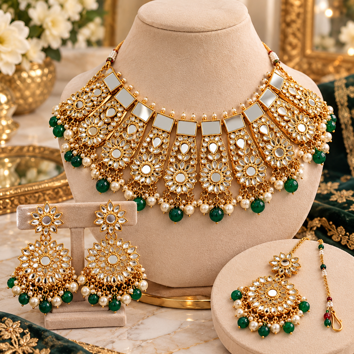 Gold Kundan Bridal Jewelry Set with Green Beads – Necklace, Earrings & Maang Tikka