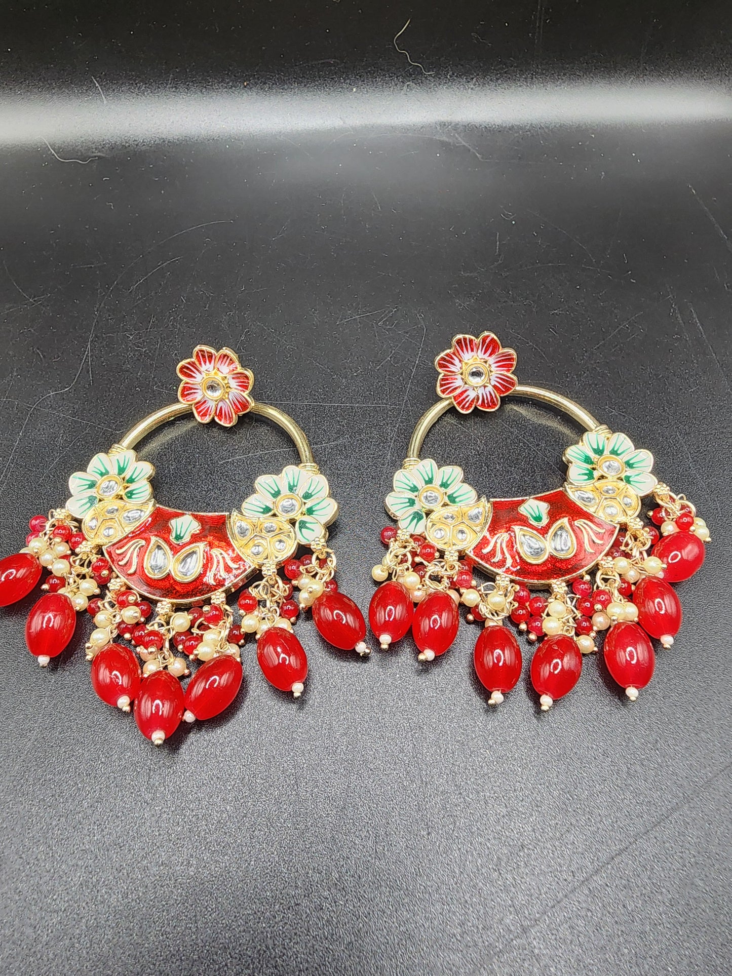 Red Floral Meenakari Statement Hoop Earrings with Bead Drops – Festive Luxe