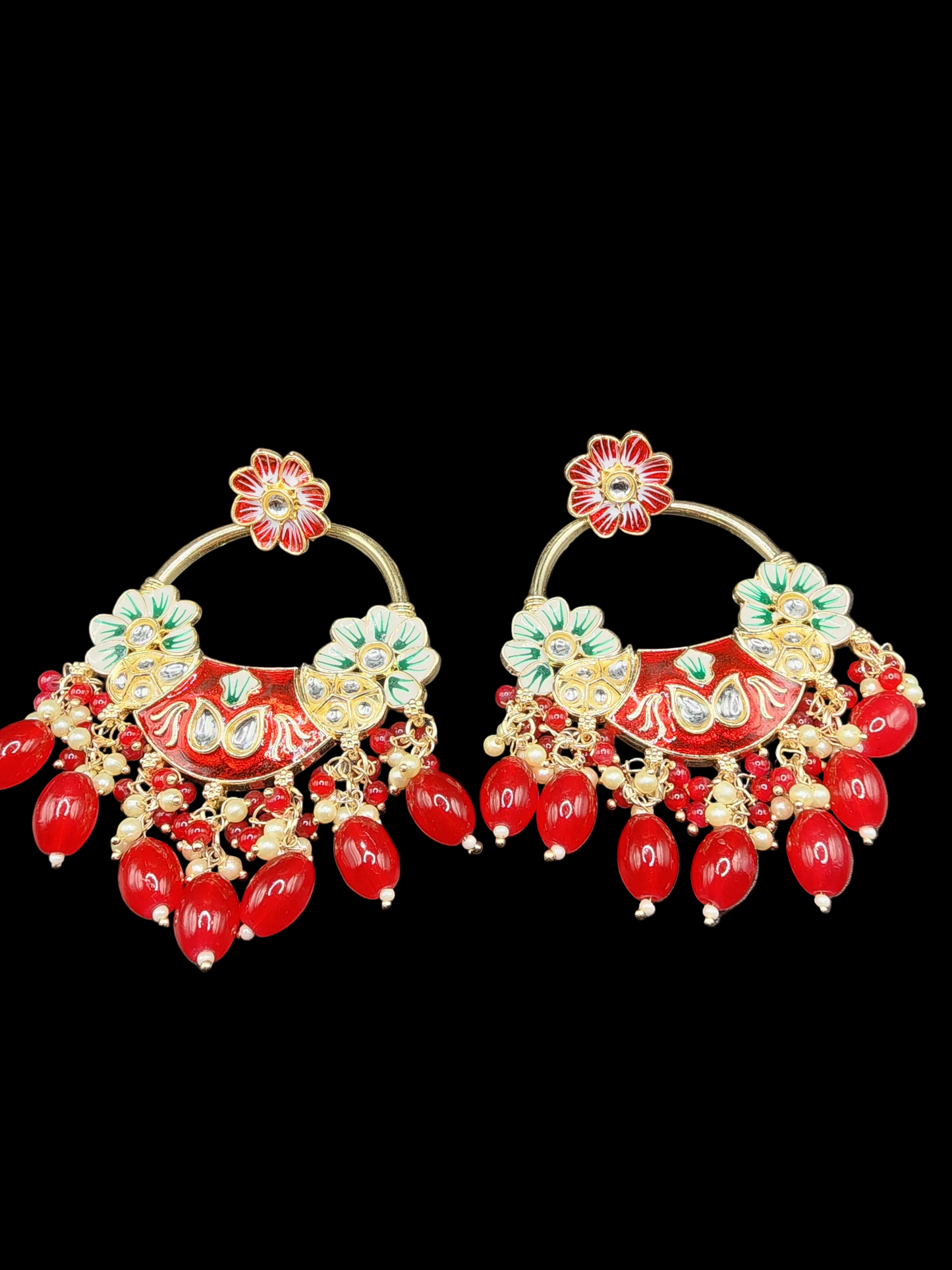 Red Floral Meenakari Statement Hoop Earrings with Bead Drops – Festive Luxe