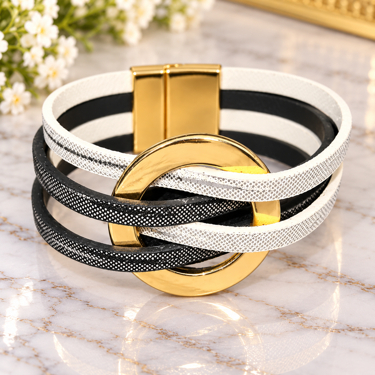 Black & White Intertwined Gold-Tone Statement Bracelet