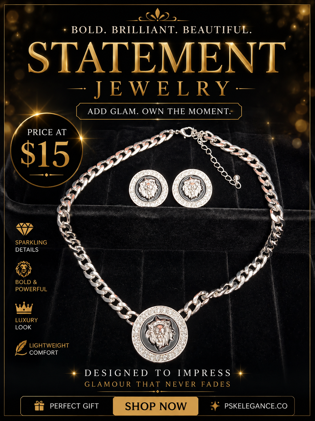 Lion Medallion Necklace & Earrings Set