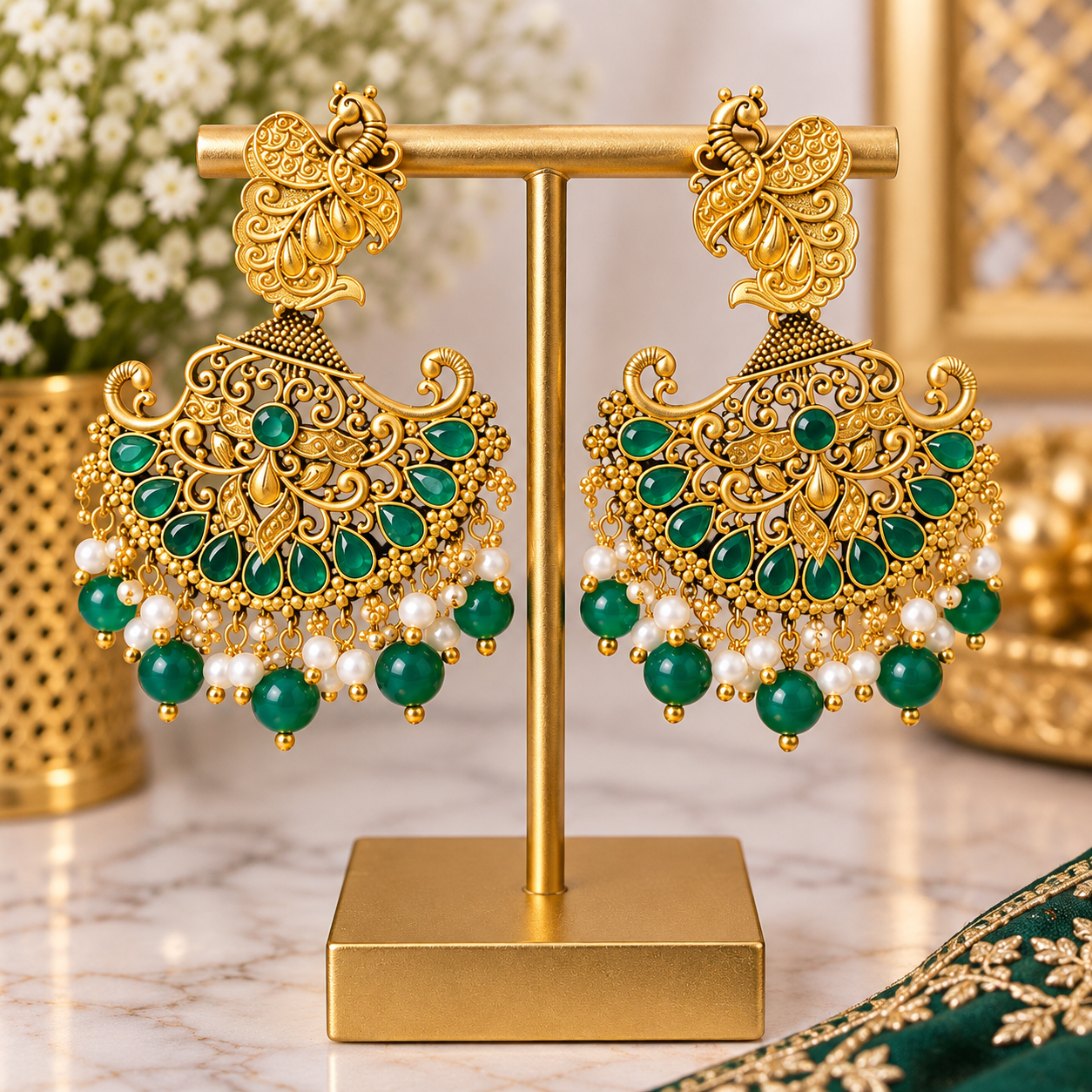Green Peacock Statement Earrings