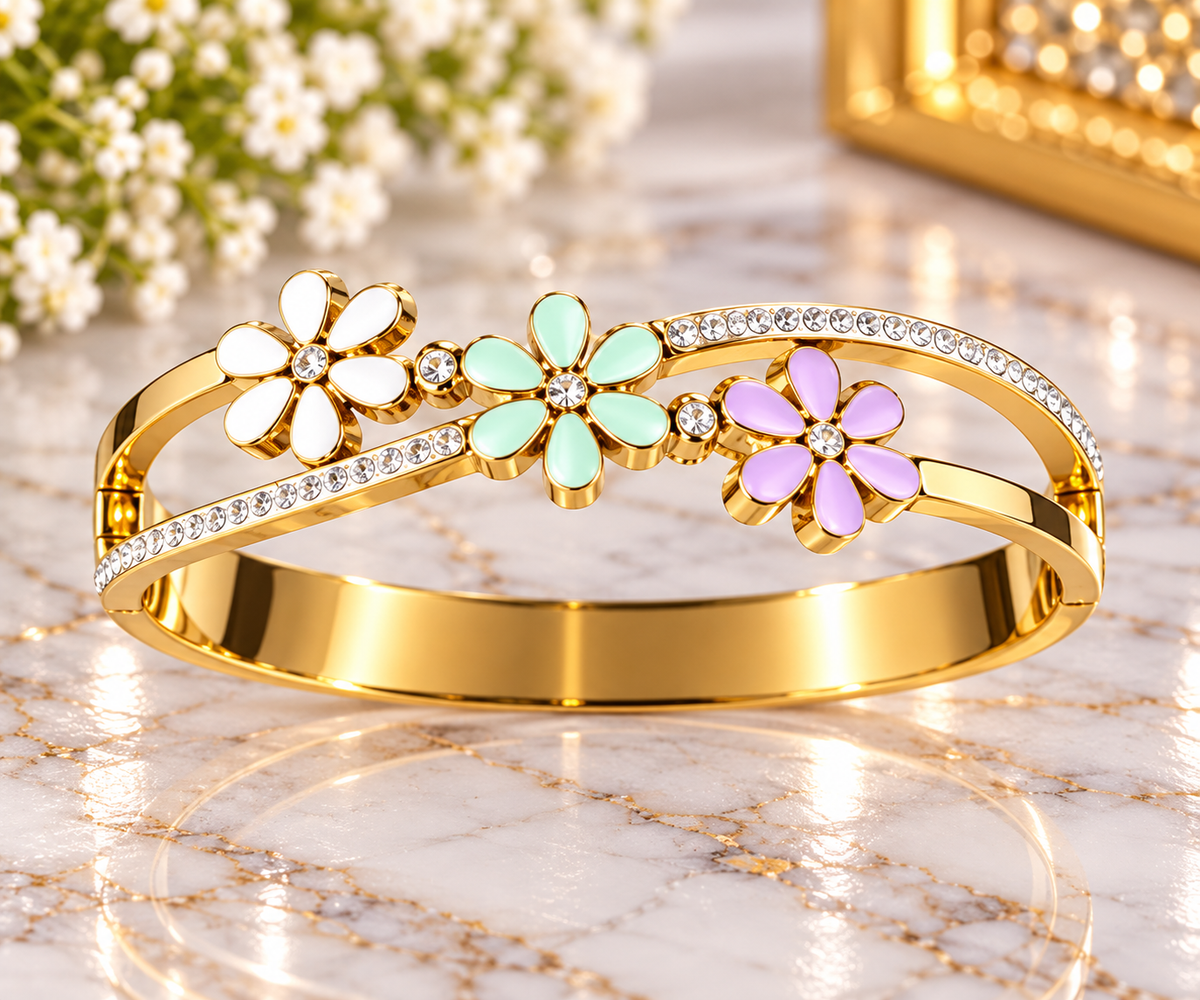 Gold-Tone Multicolor Daisy Crystal Bangle Bracelet