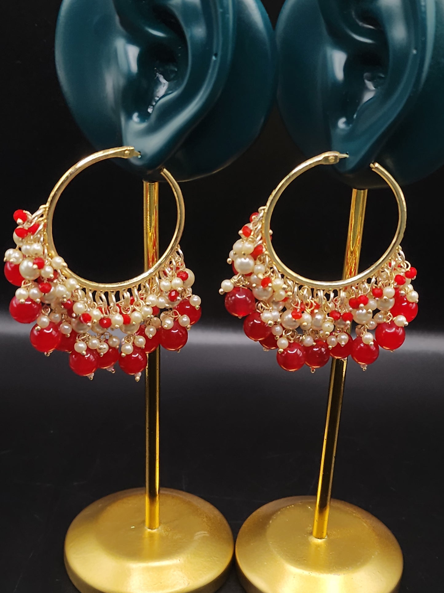 PSK ELEGANCE Red Pearl Hoop Earrings | Gold Tone Beaded Statement Indo-Western Jewelry