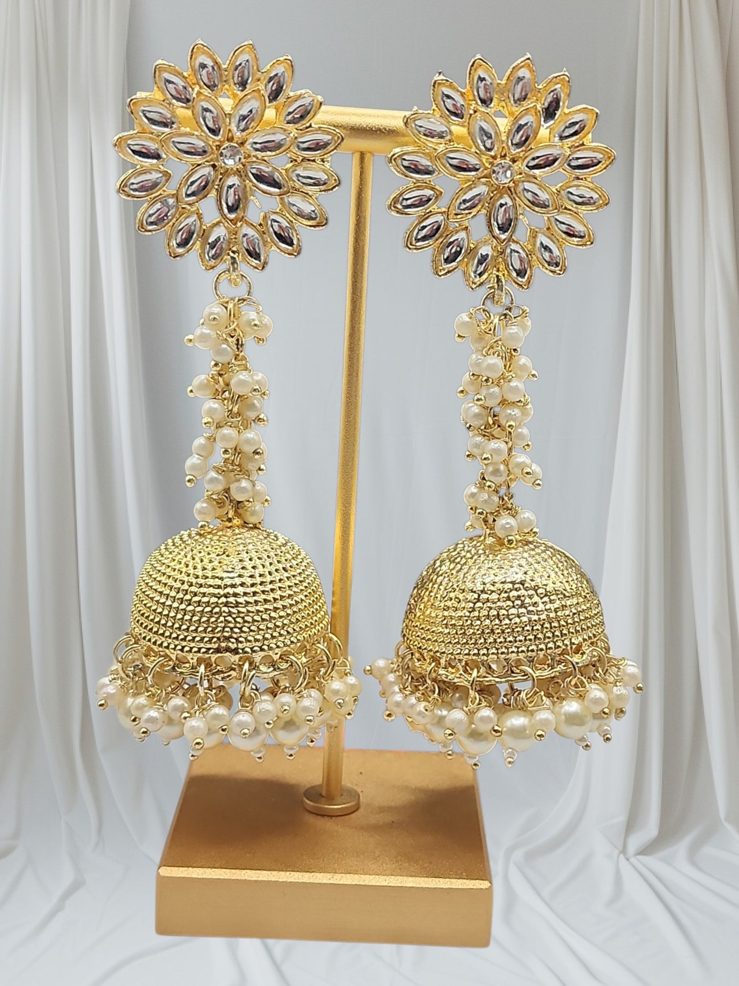 Gold Floral Kundan Pearl Jhumka Earrings | Indian Bridal & Festive Statement Earrings