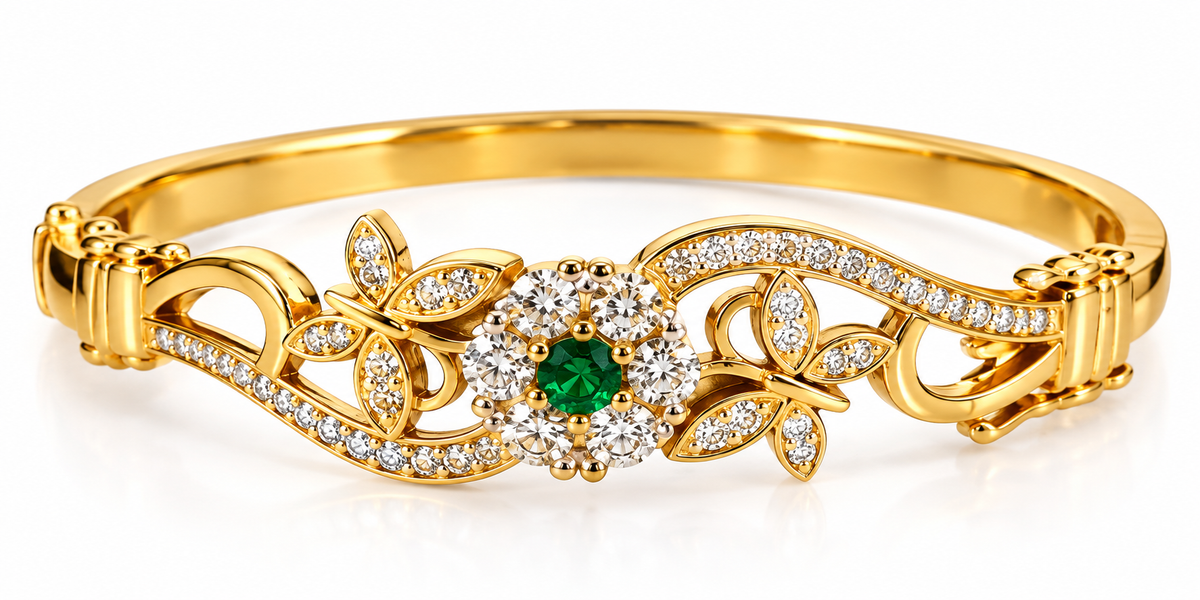 Gold-Tone Green Stone Floral Crystal Bangle