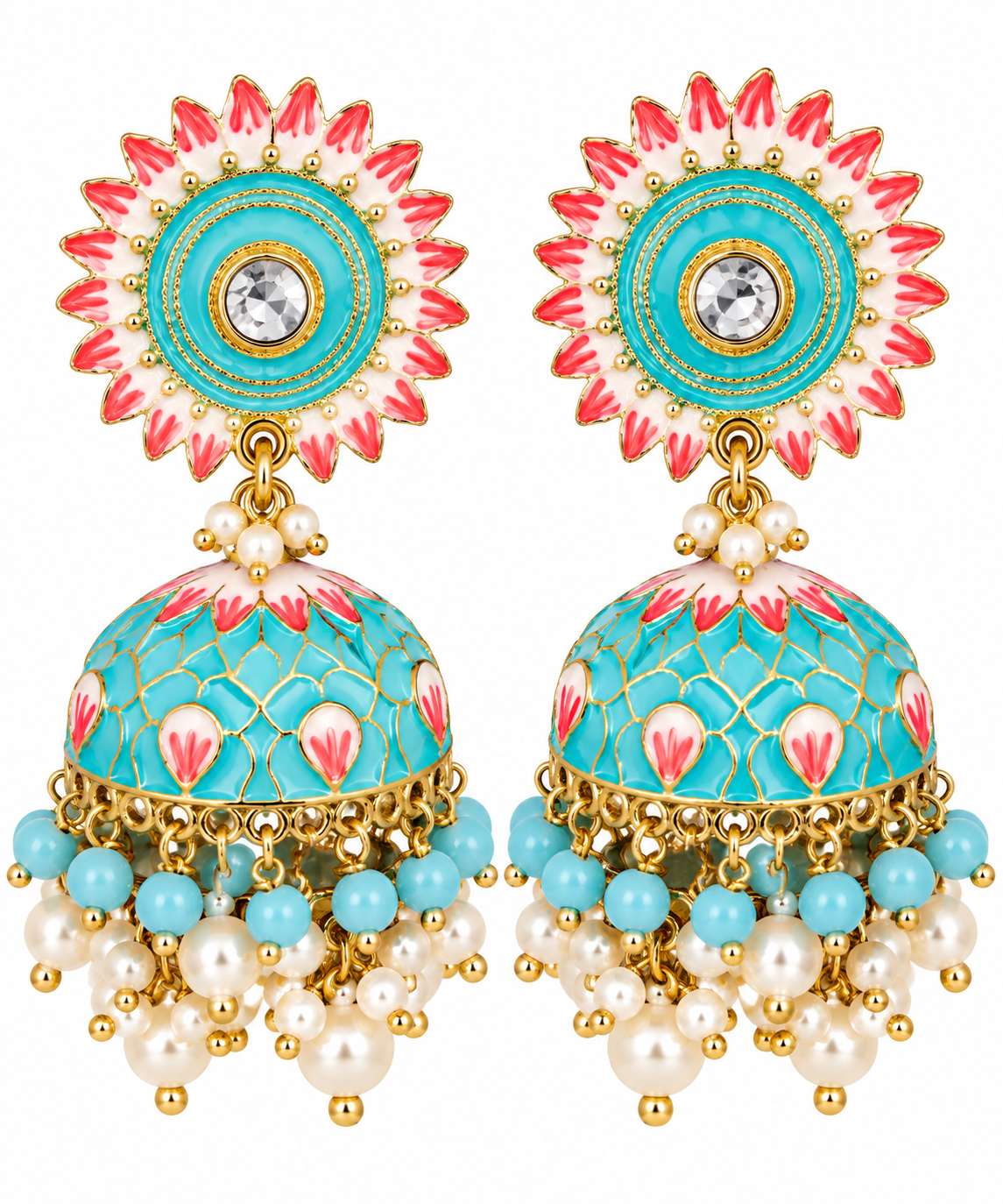 Turquoise & Pink Meenakari Jhumka Earrings