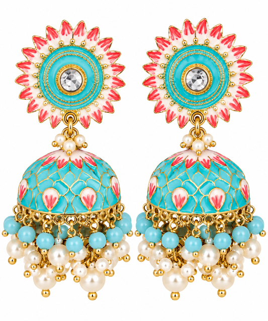 Turquoise & Pink Meenakari Jhumka Earrings