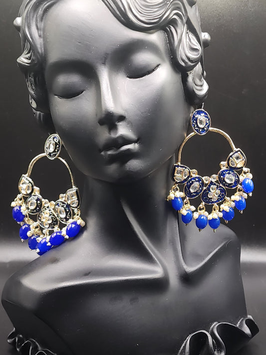 Royal Blue Meenakari Statement Hoop Earrings with Beaded Drops – Regal Luxe