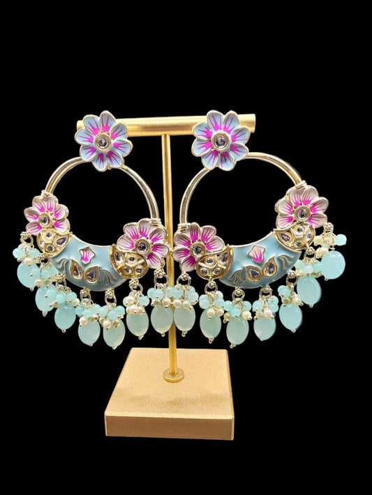 Pastel Floral Meenakari Statement Hoop Earrings with Mint Drops – Spring Luxe