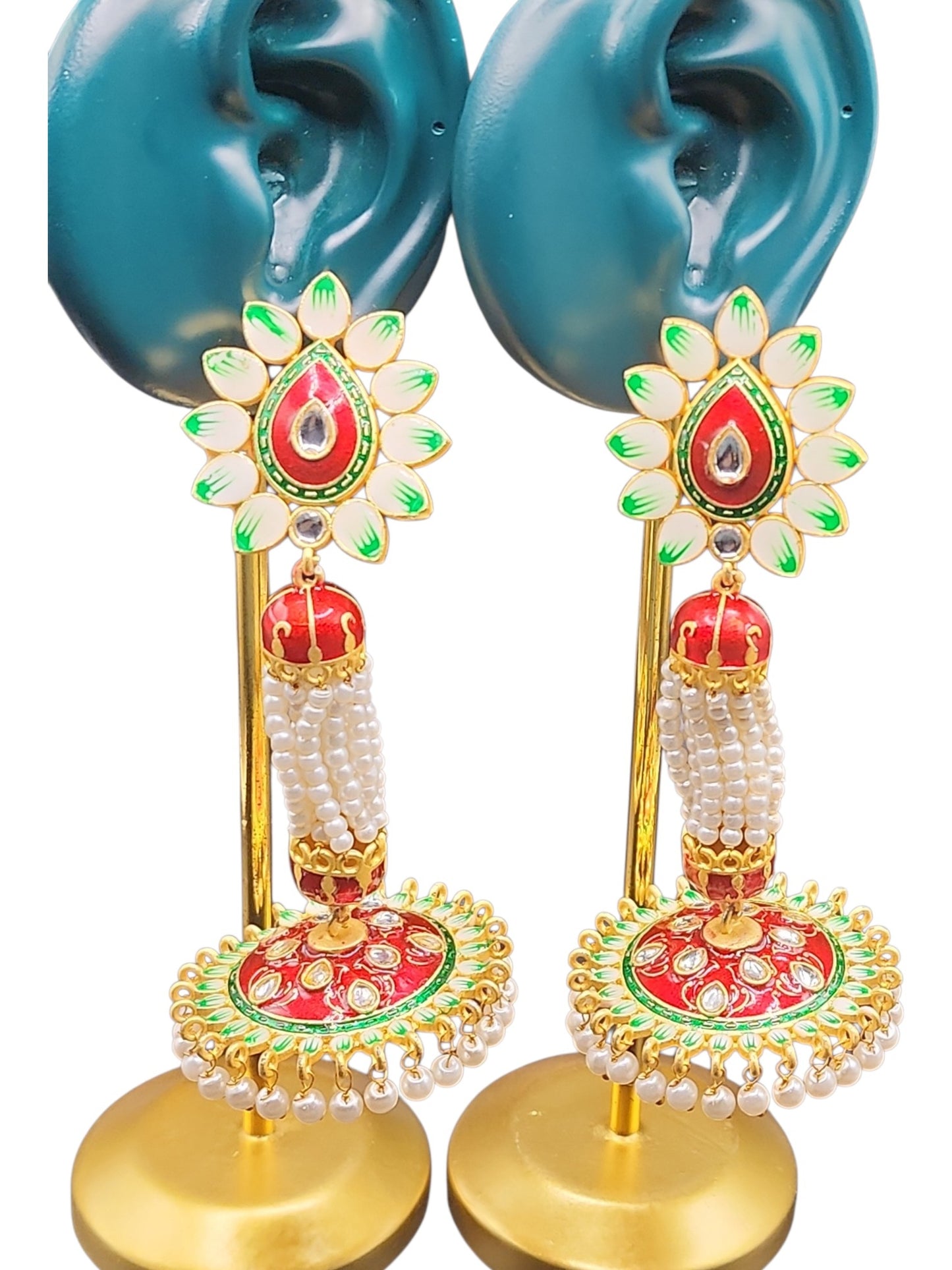 PSK ELEGANCE Red & Green Meenakari Jhumka Earrings | Floral Pearl Drop Traditional Statement Jewelry