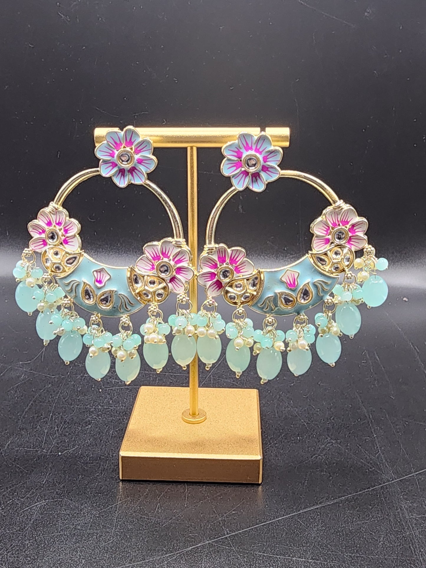 Pastel Floral Meenakari Statement Hoop Earrings with Mint Drops – Spring Luxe