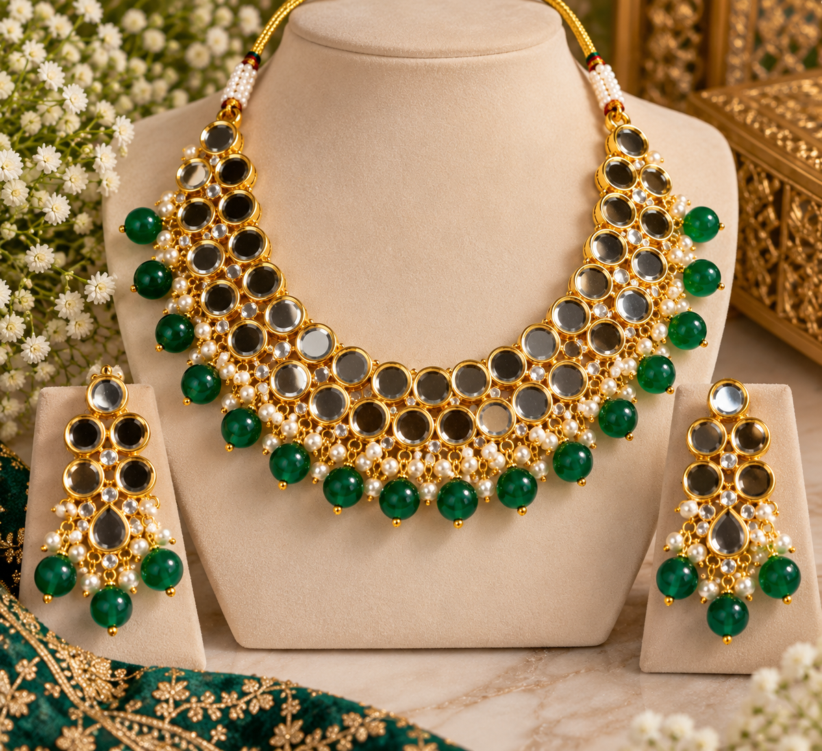 Gold Tone Mirror Kundan Necklace Set with Emerald Green Drops & Matching Earrings