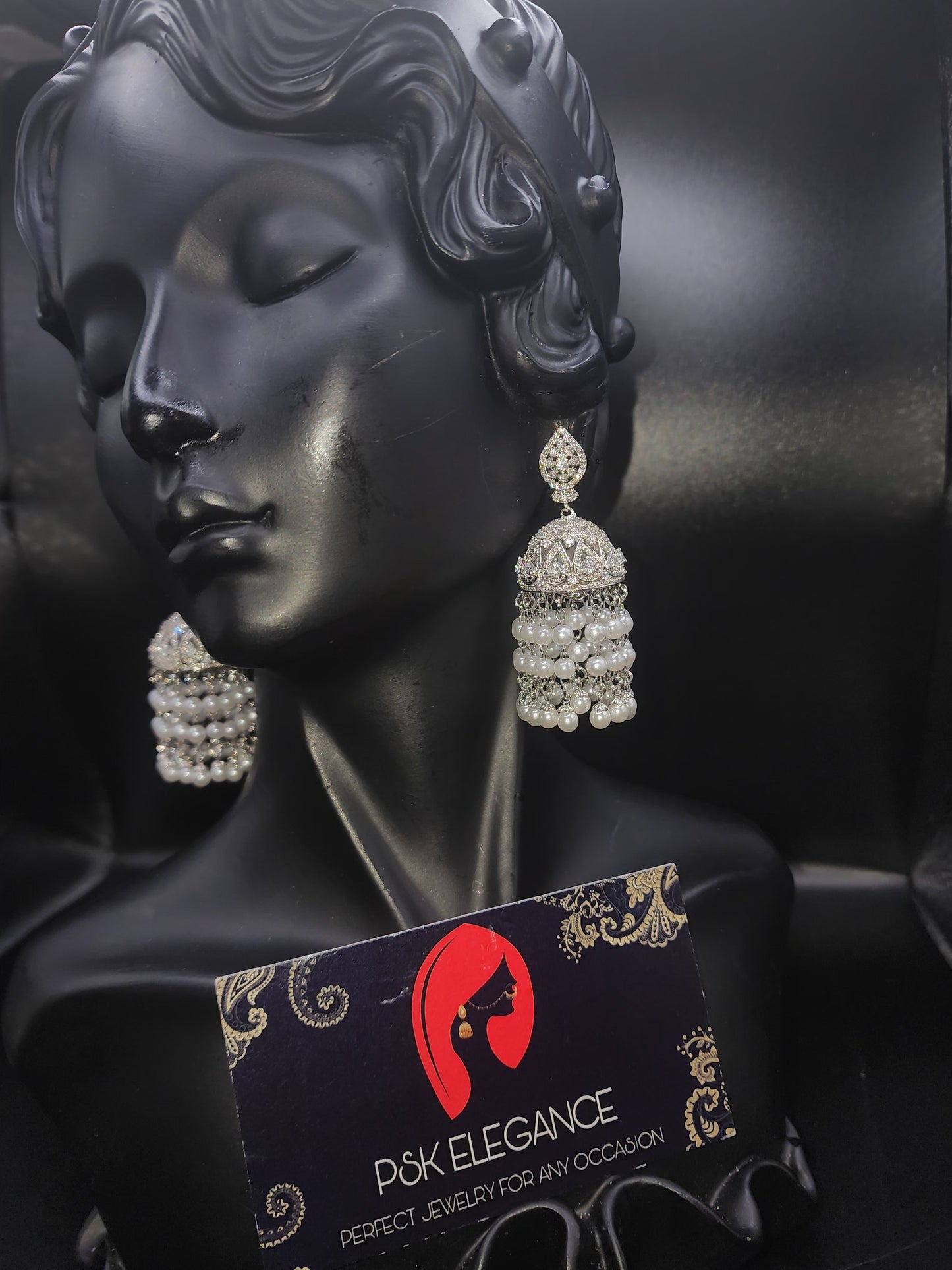 Silver Crystal Jhumka Statement Drop Earrings
