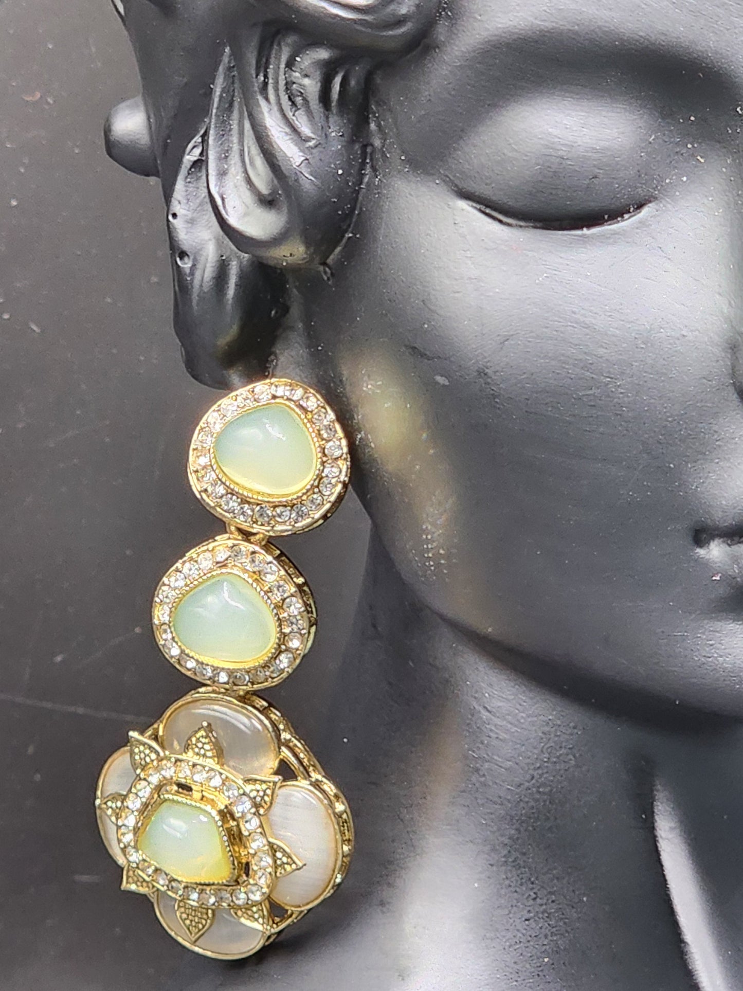 Sage Green Kundan Drop Earrings with Floral Detail – Soft Luxe Collection