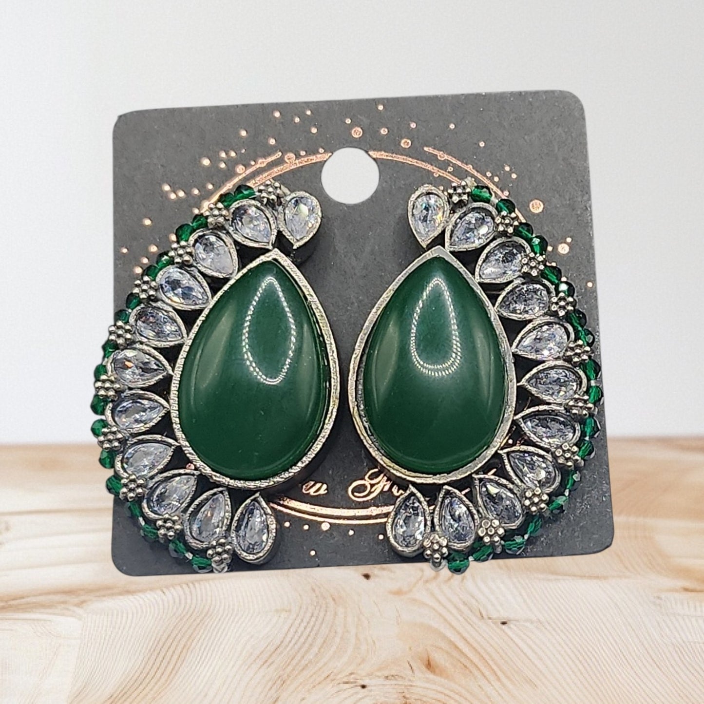 PSK ELEGANCE Emerald Green Teardrop Statement Earrings | Crystal Halo Indo-Western Luxury Jewelry