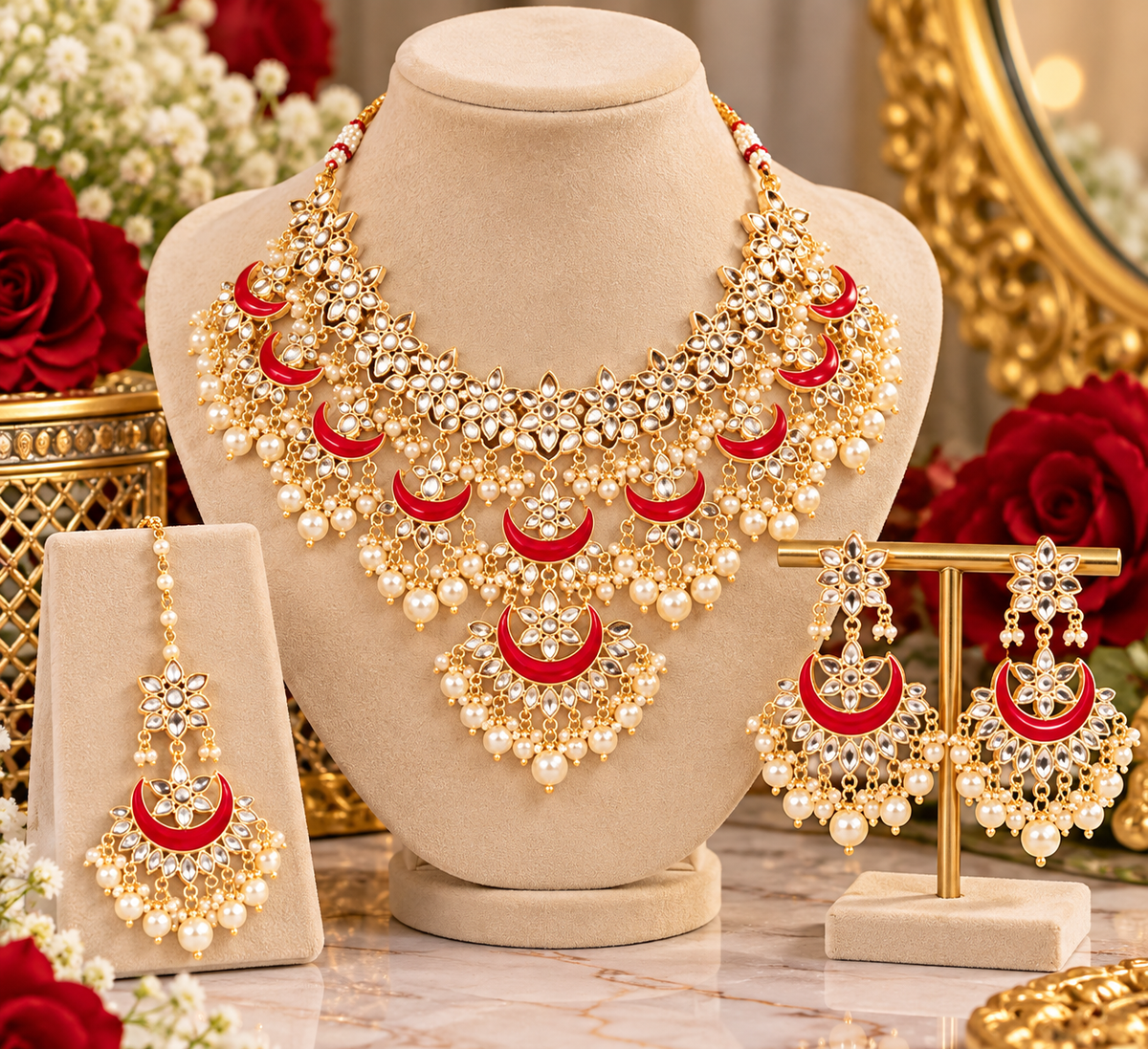 Red Crescent Kundan Bridal Jewelry Set with Pearl Details
