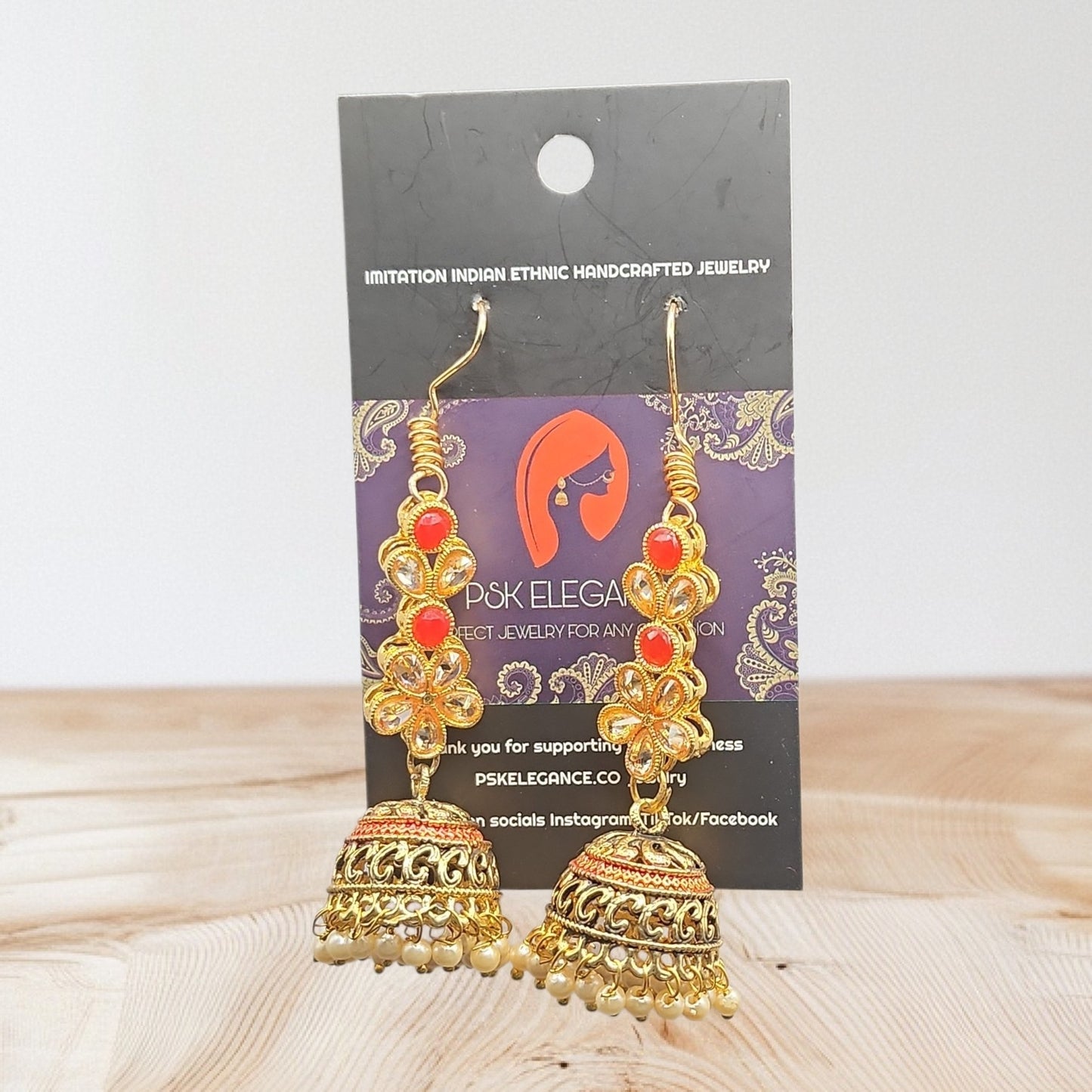 PSK ELEGANCE Red & Gold Floral Jhumka Earrings | Kundan Crystal Pearl Drop Ethnic Jewelry
