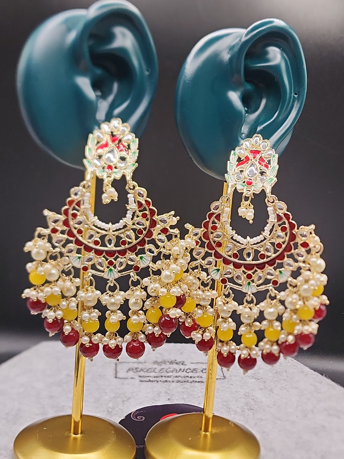 Multicolor Kundan Chandbali Earrings with Pearl & Bead Drops