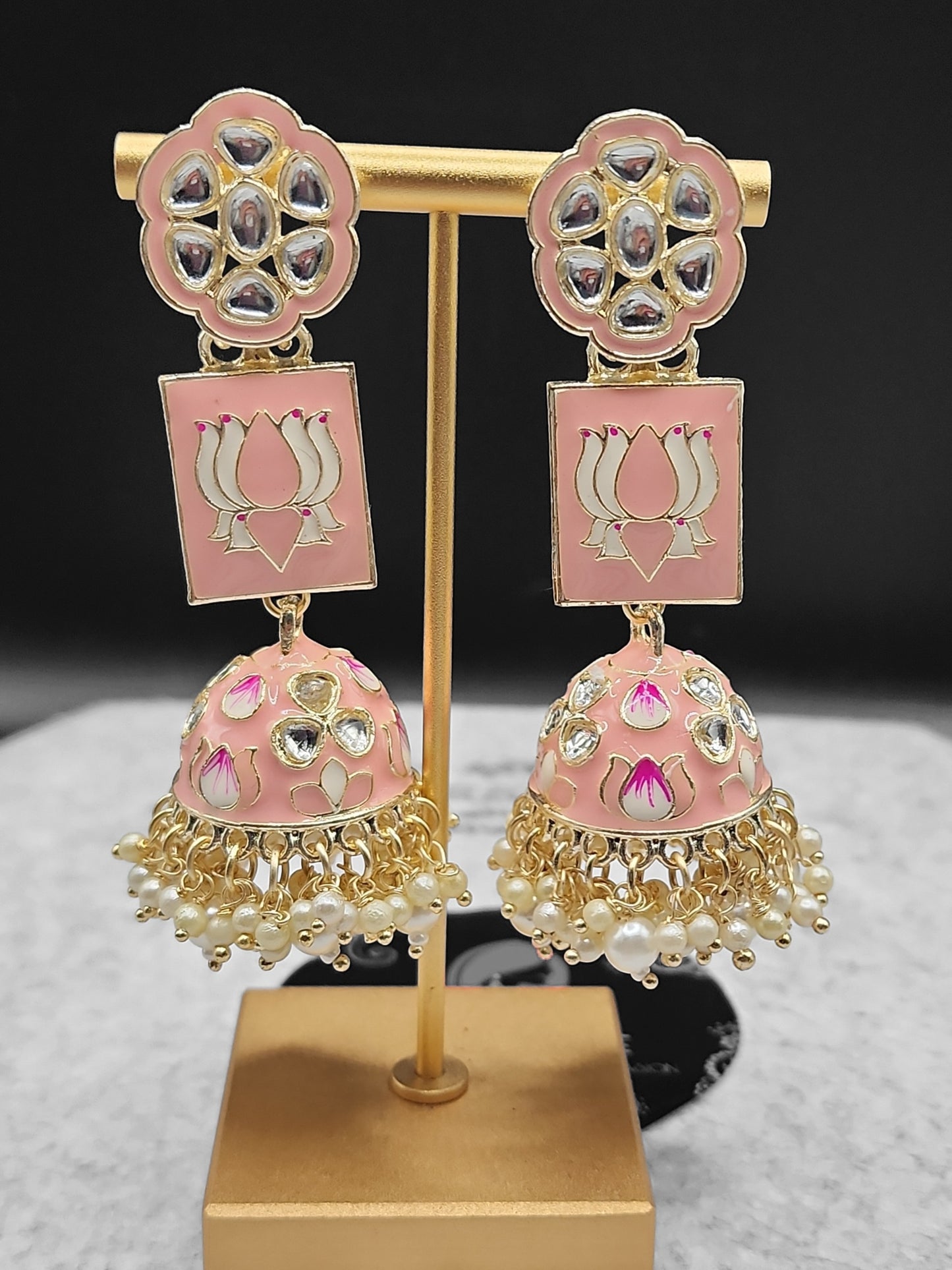 Peach Pink Meenakari Lotus Kundan Jhumka Earrings | Pearl Drop Indian Statement Earrings