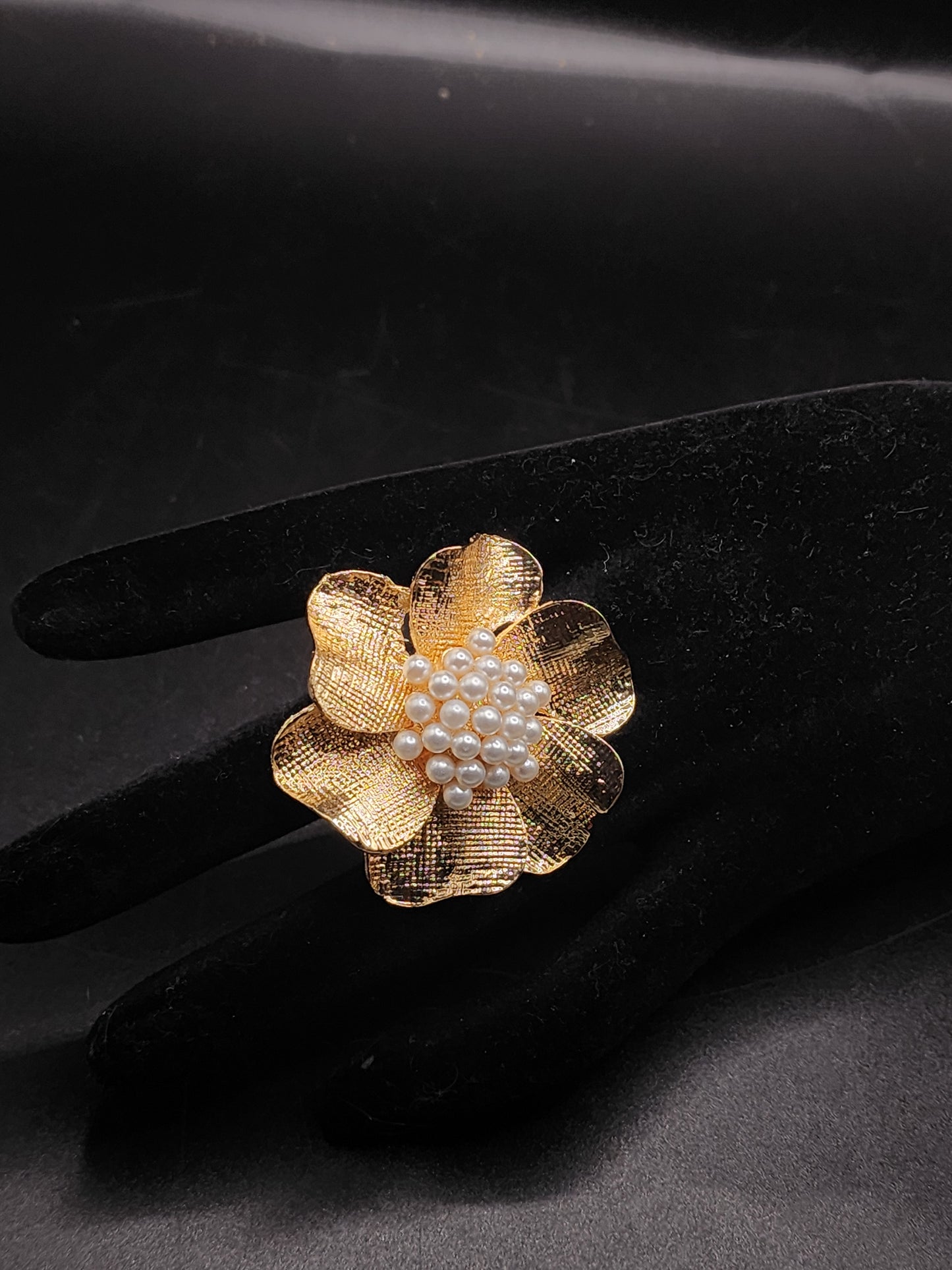 PSK ELEGANCE Gold Floral Pearl Statement Ring | Textured Flower Adjustable Cocktail Ring for Women