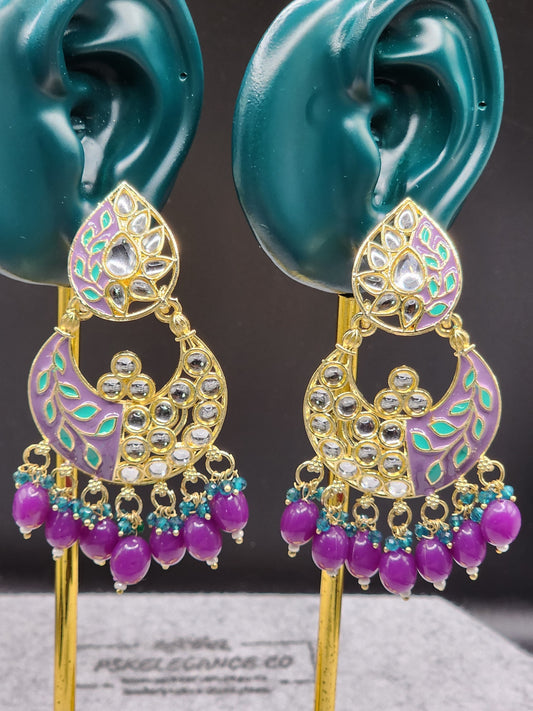 Lavender Purple Kundan Chandbali Earrings | Teal & Purple Bead Indian Statement Earrings