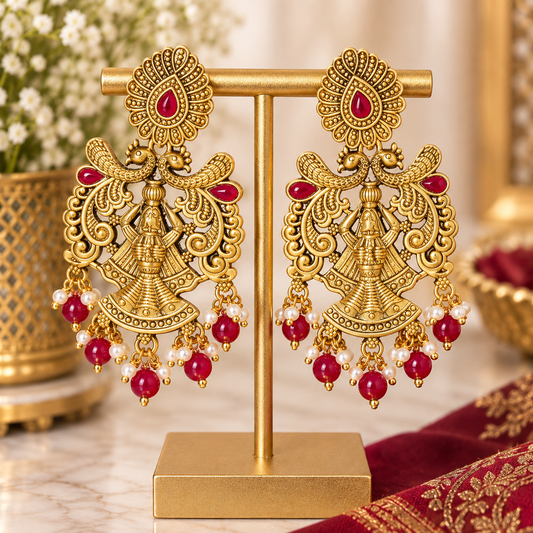 Red & Gold Peacock Statement Earrings