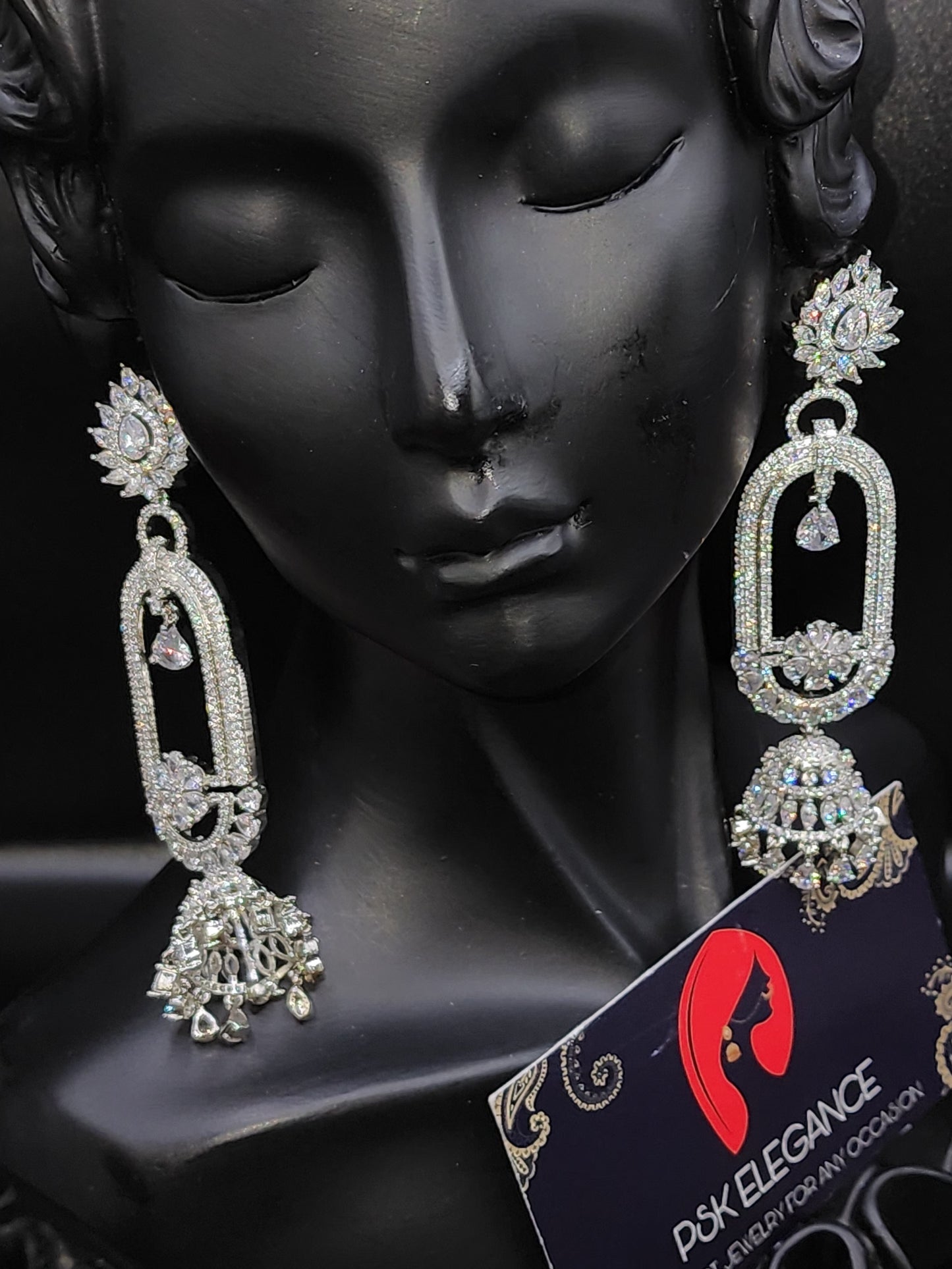 Silver Crystal Jhumka Statement Drop Earrings