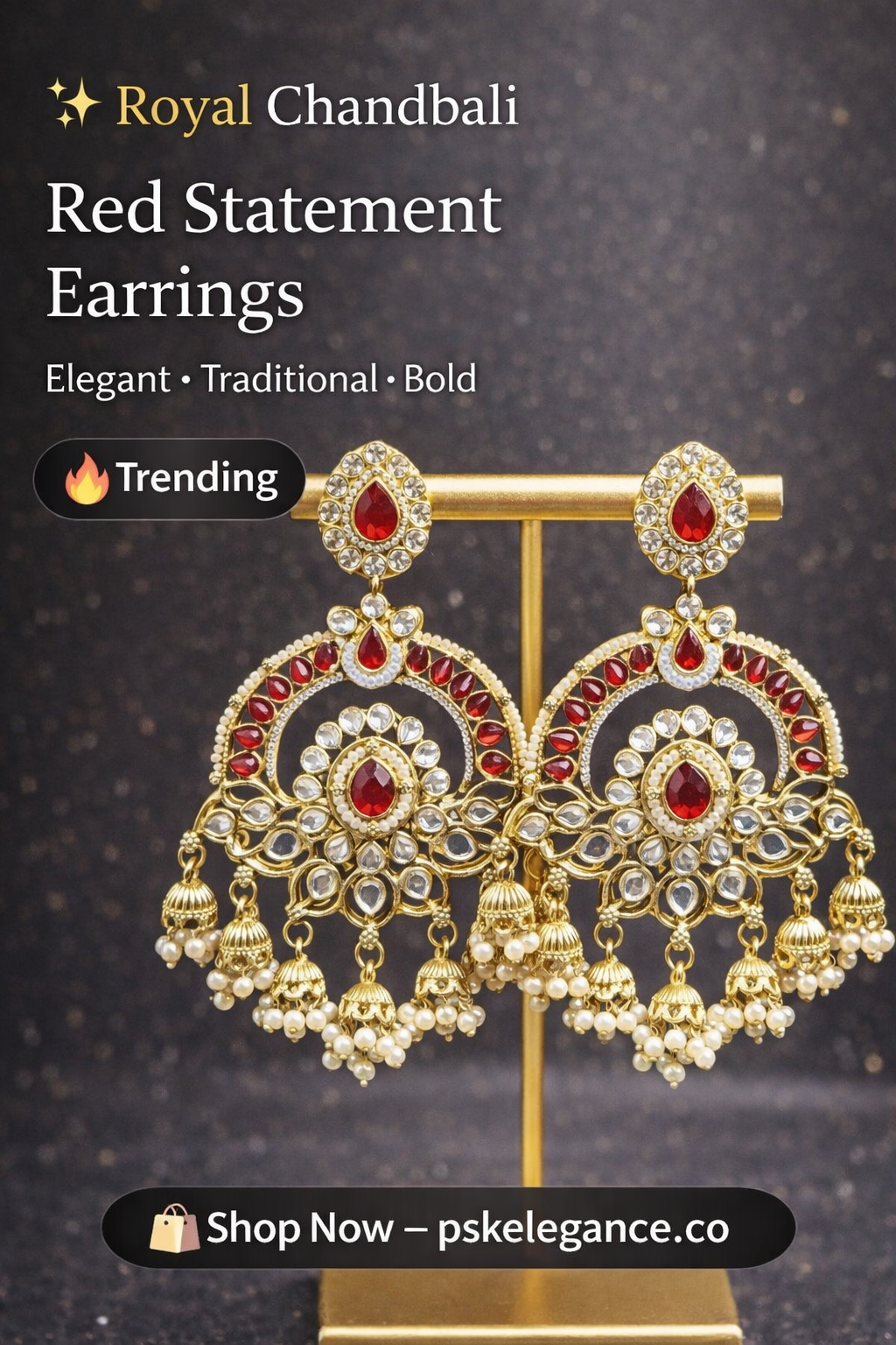 Royal Red Kundan Chandbali Earrings with Pearl Jhumka Drops