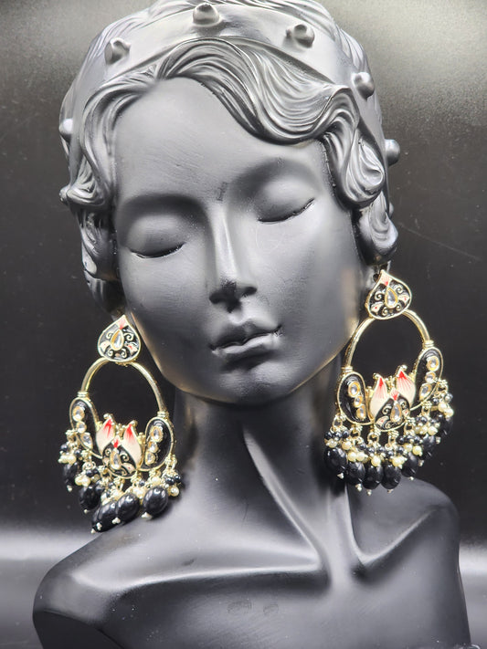 Black Meenakari Statement Hoop Earrings with Pearl & Beaded Drops – Elegant Luxe