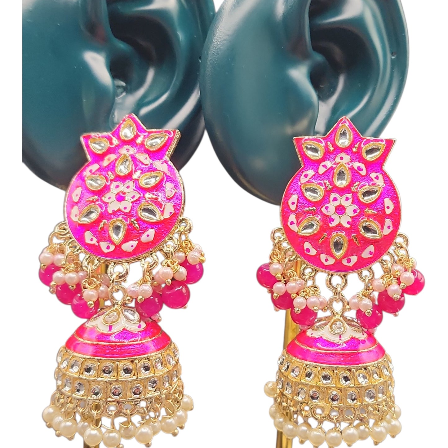 Hot Pink Meenakari Kundan Jhumka Earrings | Pearl Drop Indian Festive Earrings