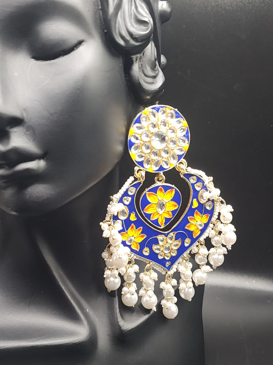 PSK ELEGANCE Blue Meenakari Heart Chandbali Earrings | Floral Kundan Pearl Drop Statement Jewelry