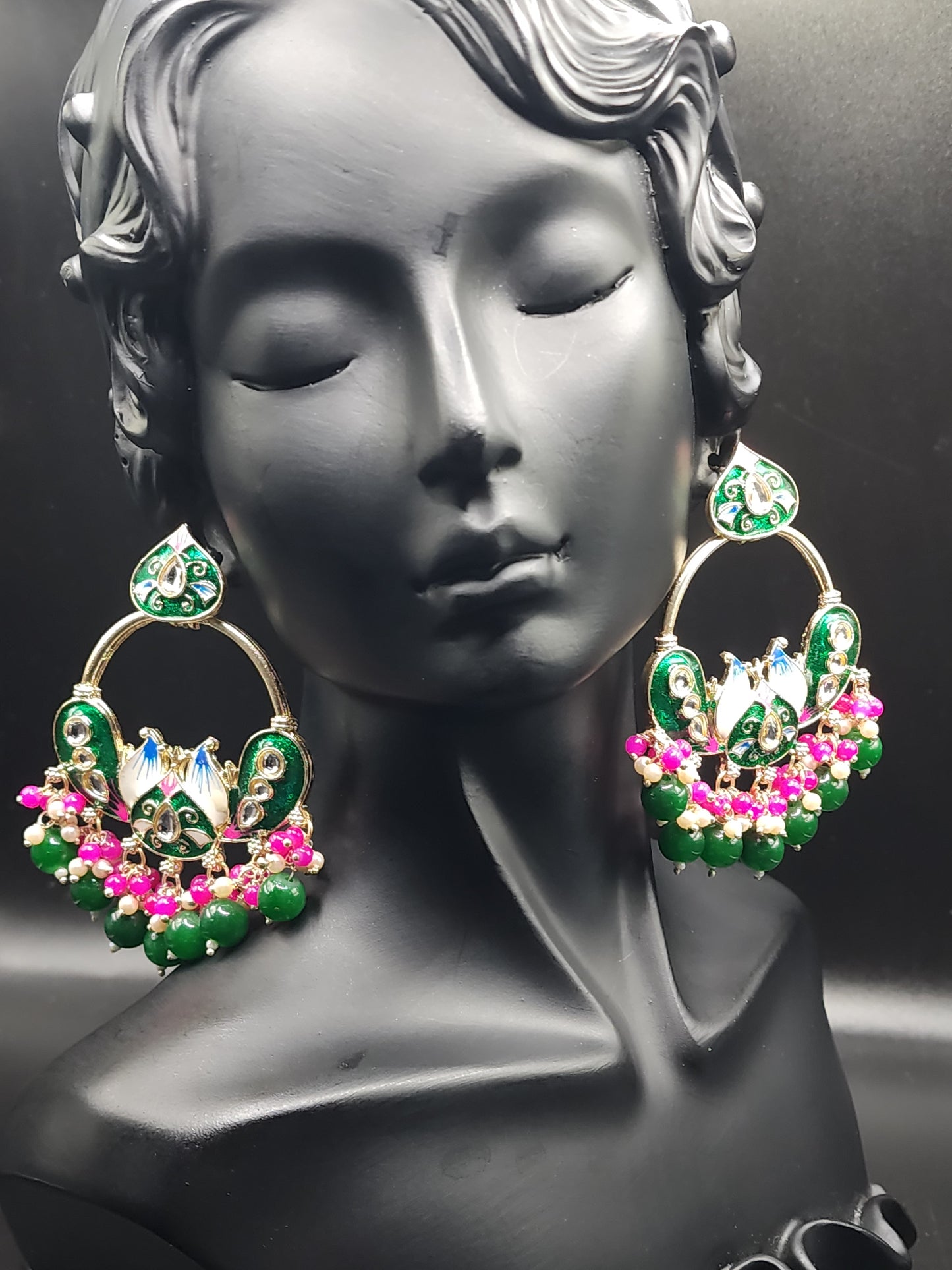 Emerald Pink Chandbali Statement Earrings